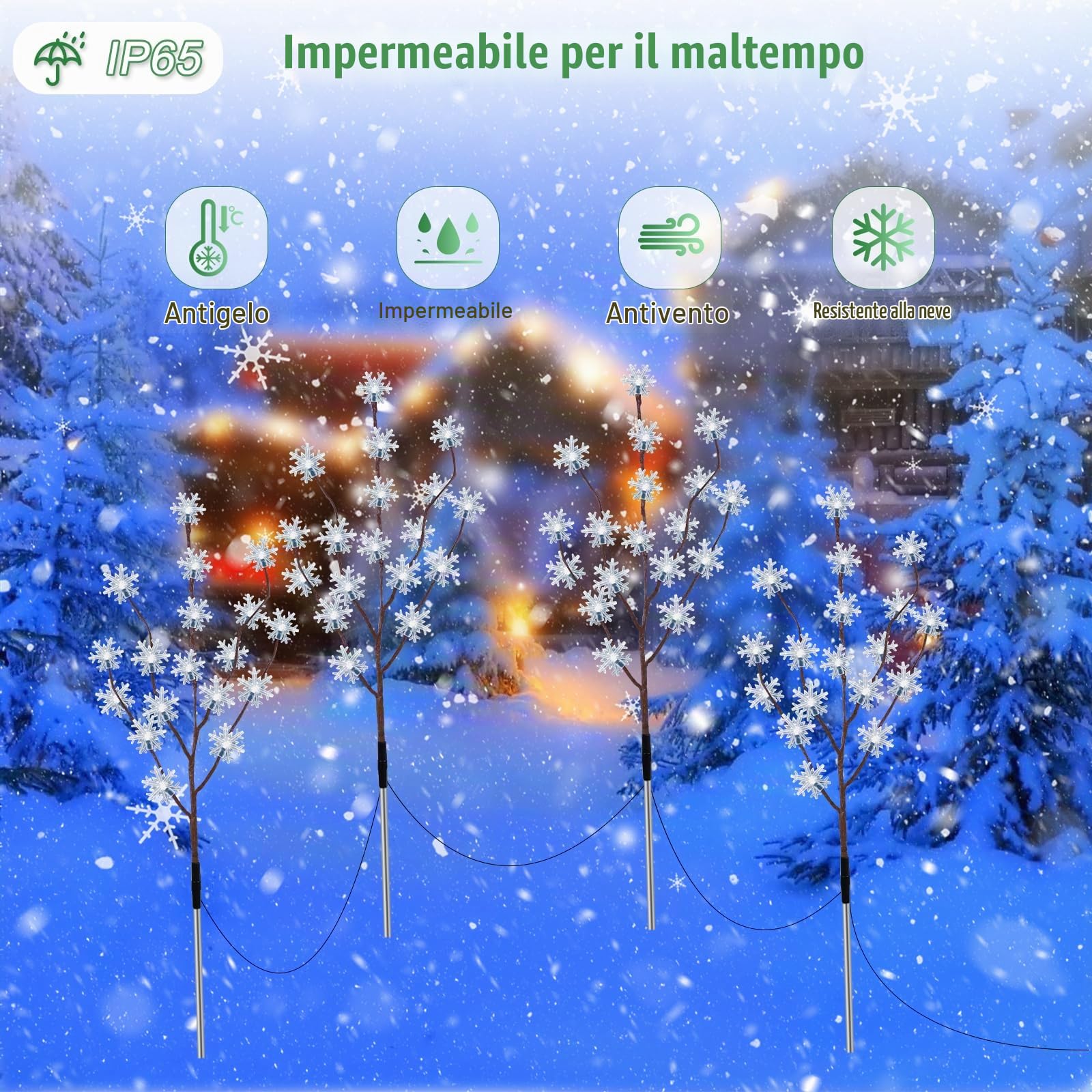 Fohil Luci solari da esterno per giardino, fiocchi di neve, rami, confezione da 4, 80 LED, luci da percorso natalizie, impermeabili, 8 modalità, decorazioni da giardino