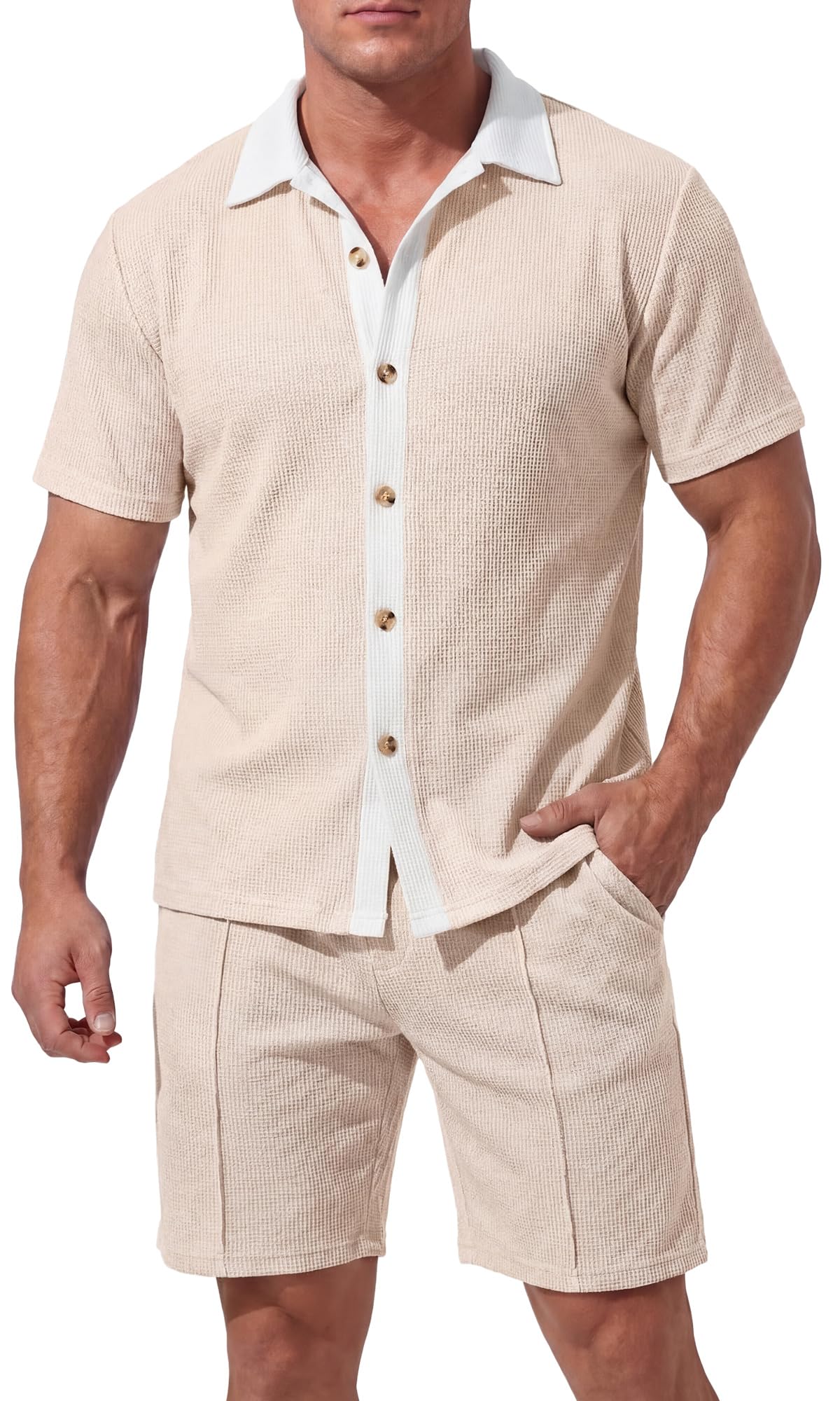FEOYA Tuta da uomo, 2 pezzi, pantaloncini estivi e maglietta con colletto, set estivo, per il tempo libero, 2 pezzi, da uomo