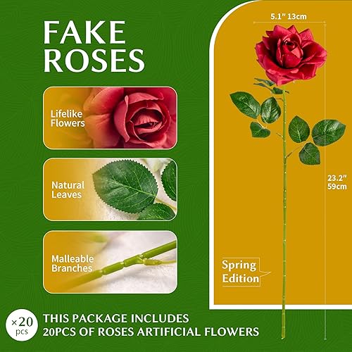 Miniatura 2 de Flores artificiales, rosas artificiales, 20 unidades, flores artificiales de tallo largo para jarrón alto, rosa de seda, adecuadas para decoración