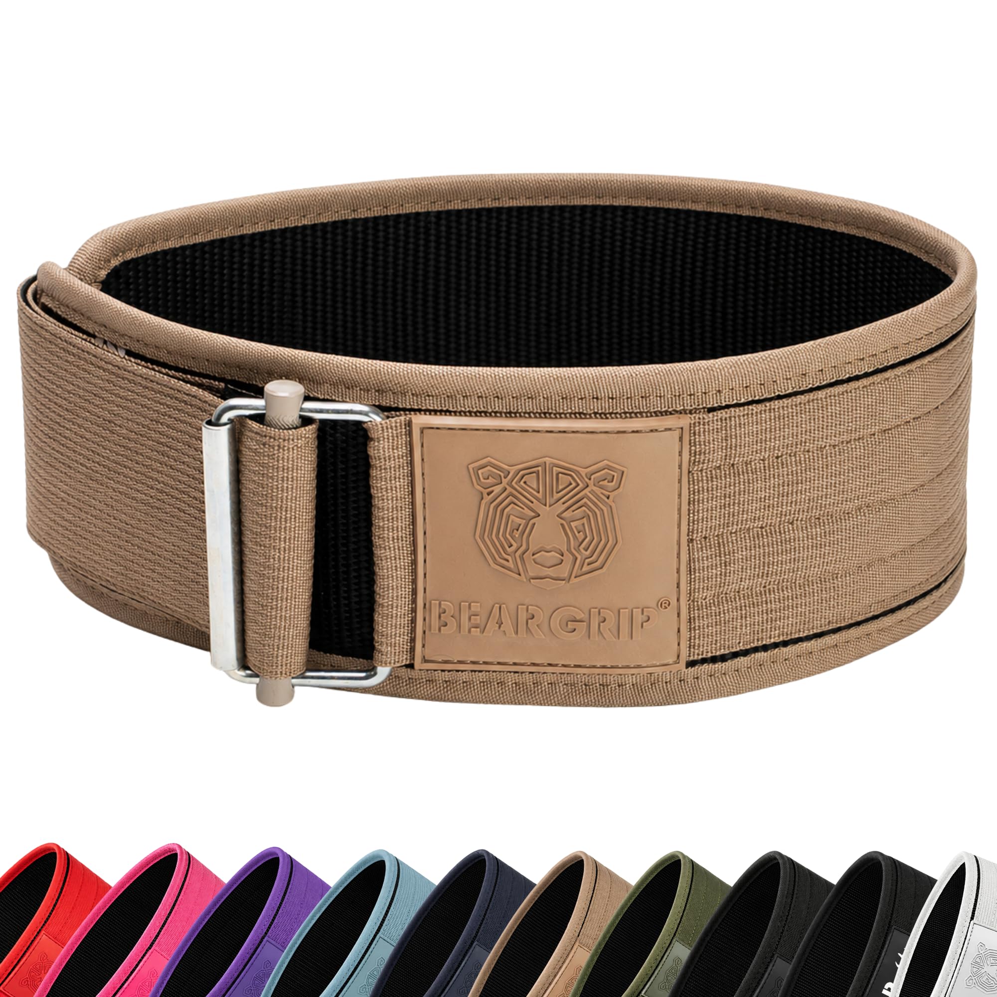 BEAR GRIP - Self-Locking Weight Lifting Belt, Premium Weightlifting Belt for Crossfit, Power Lifting, Bodybuilding, Lifting Belt for Men and Women, Workout Belt for Liftin (Beige, S)