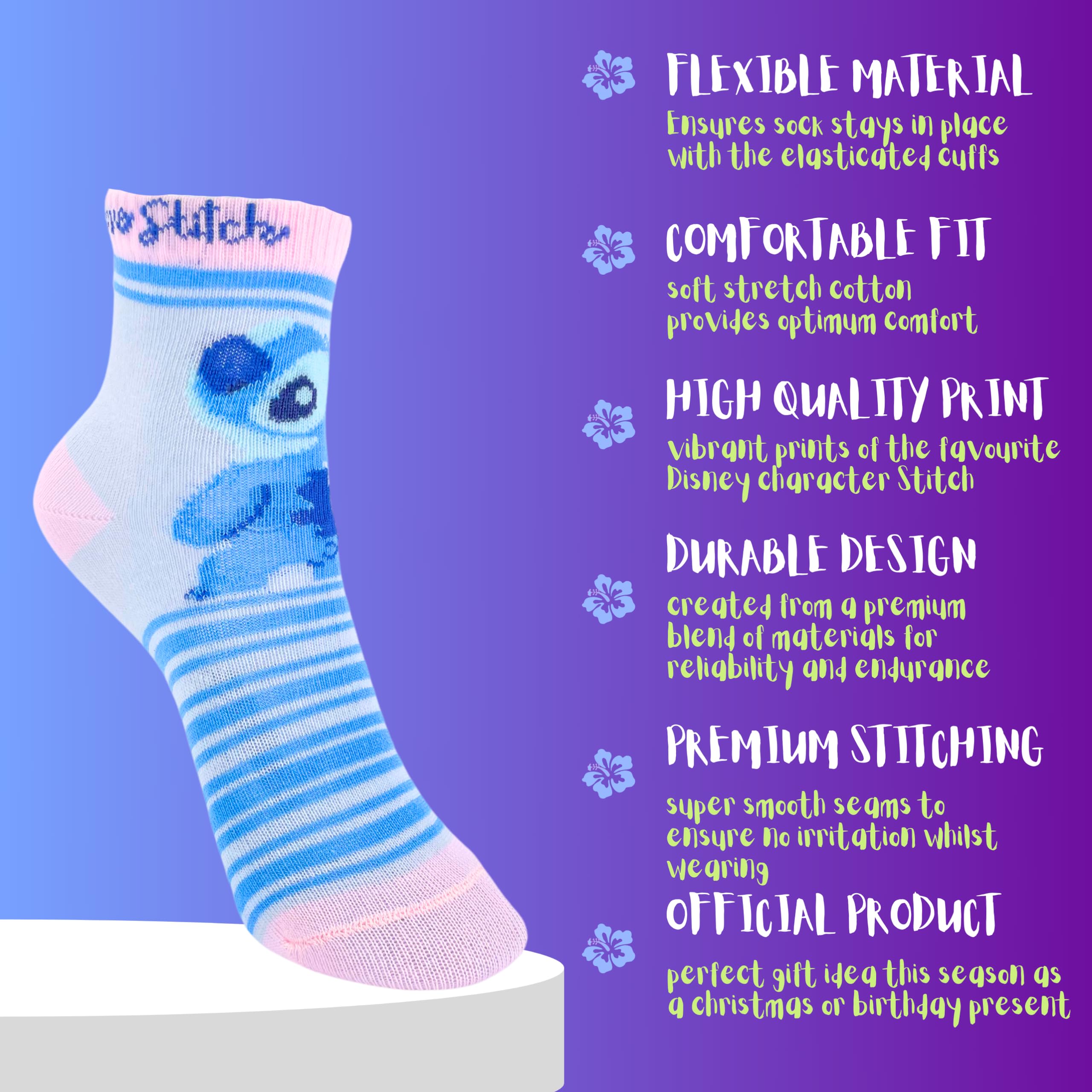 Disney Stitch Chaussettes, Stitch Design Pack de 4 Chaussettes pour Filles, Chaussettes Cadeau pour Filles et Adolescentes, Tailles EU 23 à 34