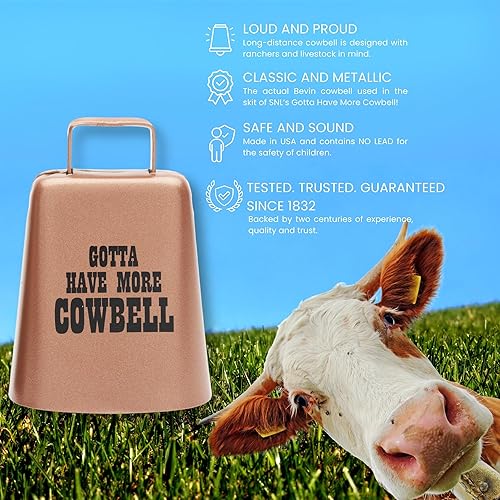 Miniatura 5 de Bevin Bells "Gotta Have More Cowbell" (mediano)  Campana de vaca Kentucky con color cobre  Hecho de acero  Fabricantes de ruido fuerte con mango