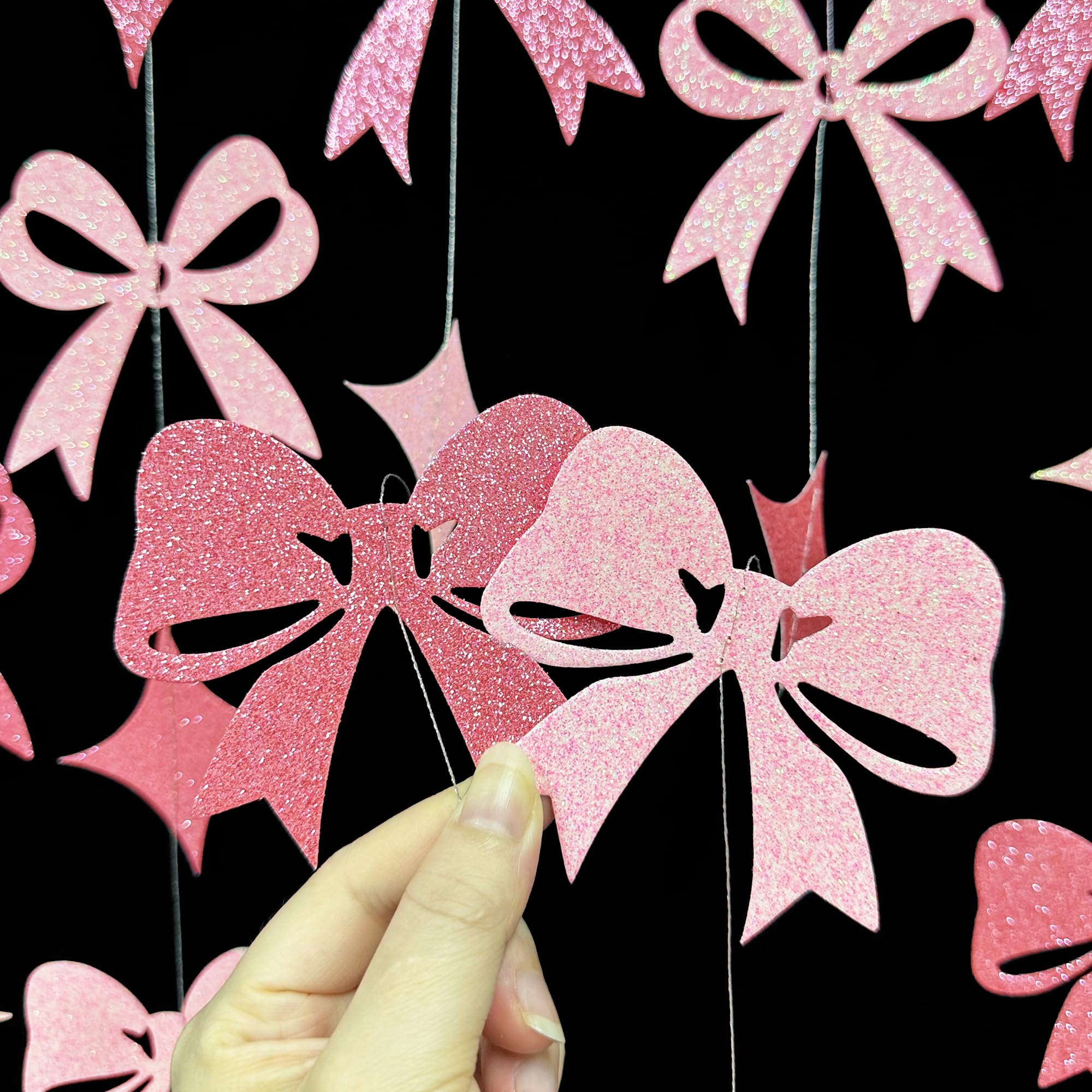 Rosa Schleifen-Dekorationen, Rosa Glitzer, Papier, Stern, Schleife, Hängende Girlande, Banner für Geburtstag, Brautparty, Hochzeitstag, Junggesellinnenabschied, Verlobung, Babyparty