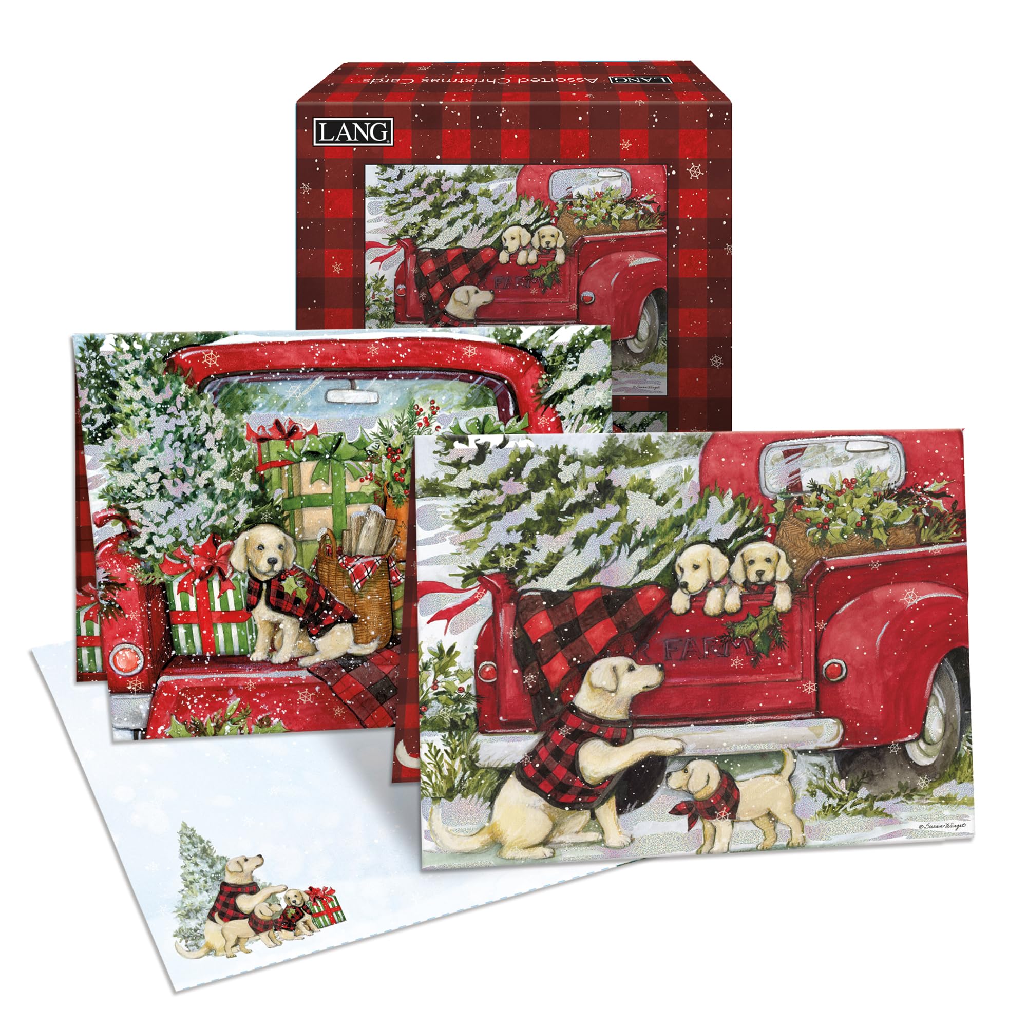 Lang Weihnachtskarten mit Welpen und Geschenken, sortiert, in Box (1008126)