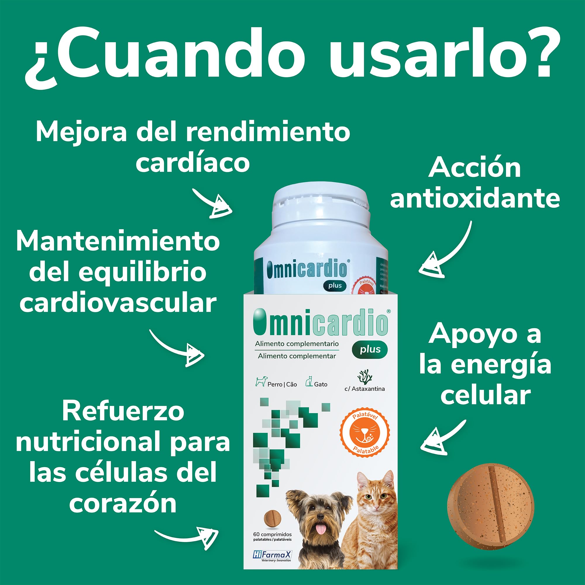 Omnicardio Plus Hifarmax - Suplemento Cardíaco para Perros y Gatos | Apoyo al Corazón con Taurina y L-Carnitina | Suplemento Corazón Perros | 60 Comprimidos