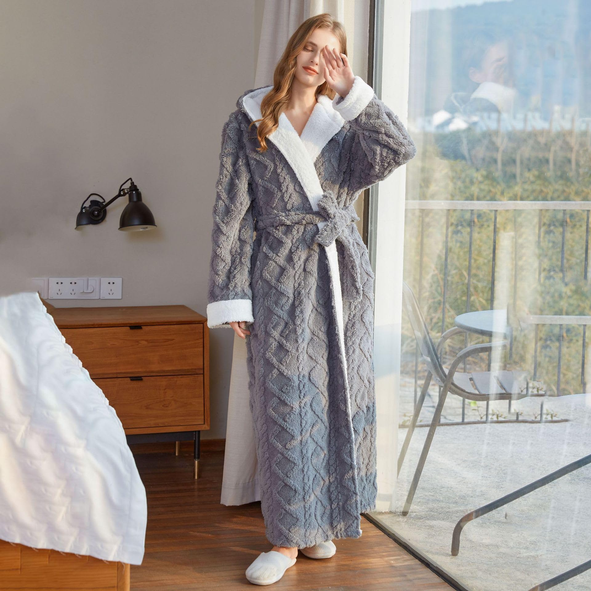 Oksun Peignoir long en polaire pour femme Peignoir à capuche en jacquard doux et moelleux