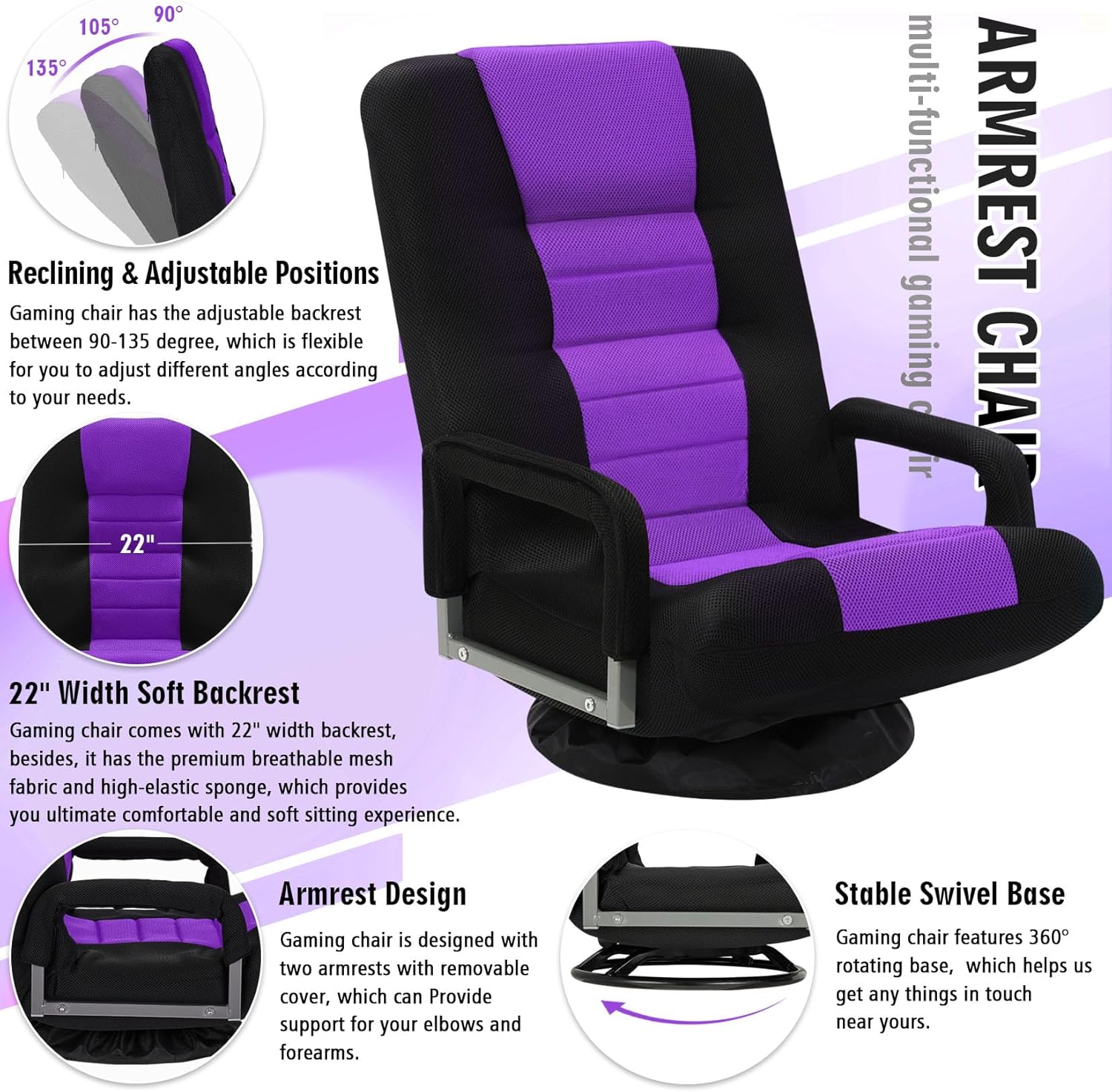 Swivel Floor Gaming Chair w/Armrests,Folding Video Reclining Sofa w/6 Adjustable Position, Padded Backrest & Cushion, Lazy Lounger Couch for E-Sports, Reading, Relaxing, Watching TV, Purple