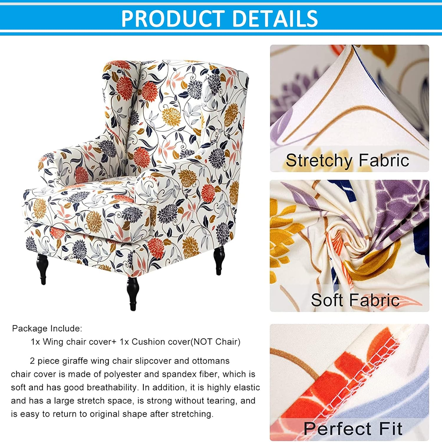 YOPOIY Stretch Soft Wingback Armchair Slipcovers Printed Wingback Chair Sofa Slipcover Removable Washable Wing Back Chair Slipcovers for Living Room Bedroom Hotel -2