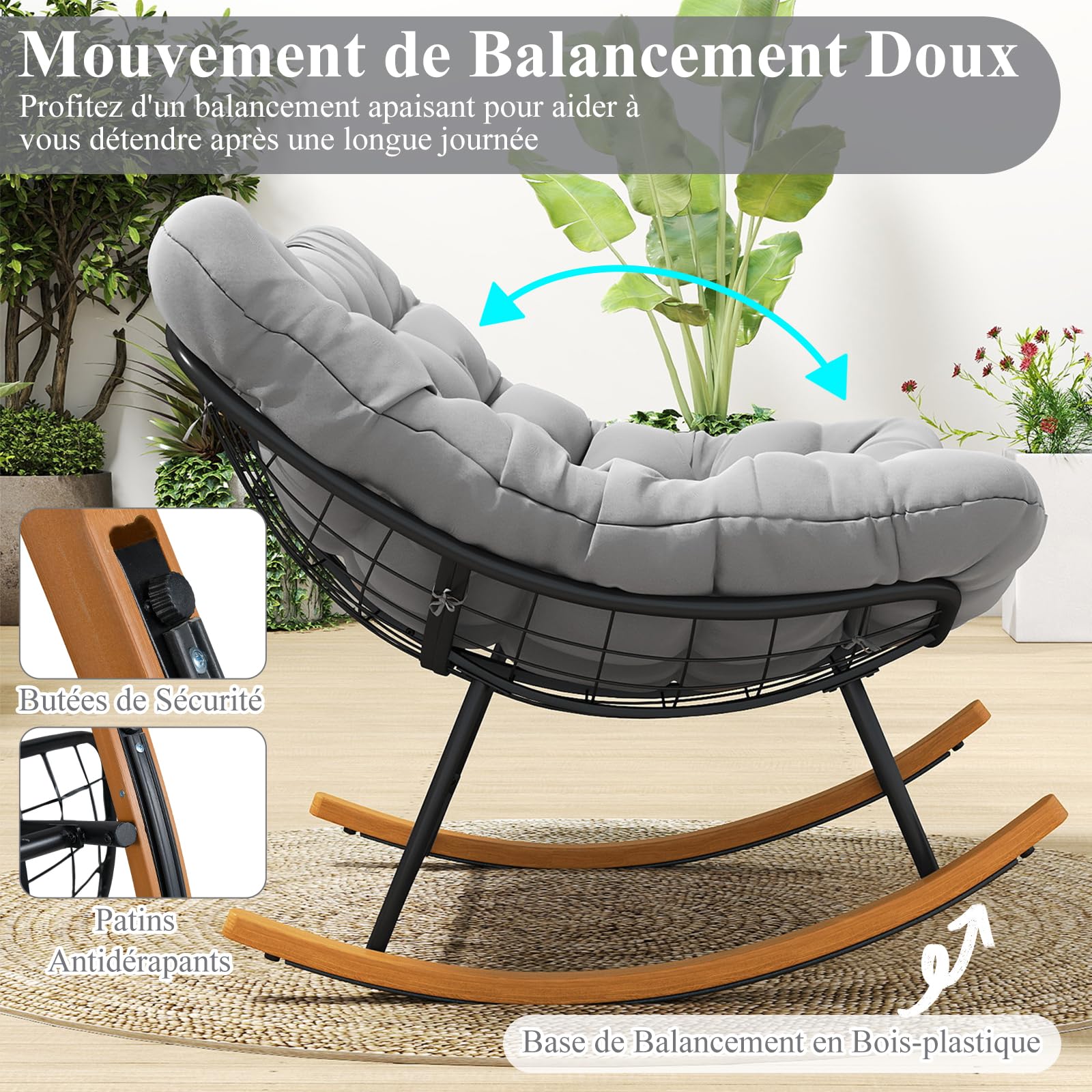 COSTWAY Fauteuil a Bascule, Rocking Chair pour 2 Personnes avec Coussin Épais Amovible, Cadre en Métal, Fauteuil Allaitement, Chaise a Bascule pour Salon, Chambre, Balcon, Charge 320 kg, Gris