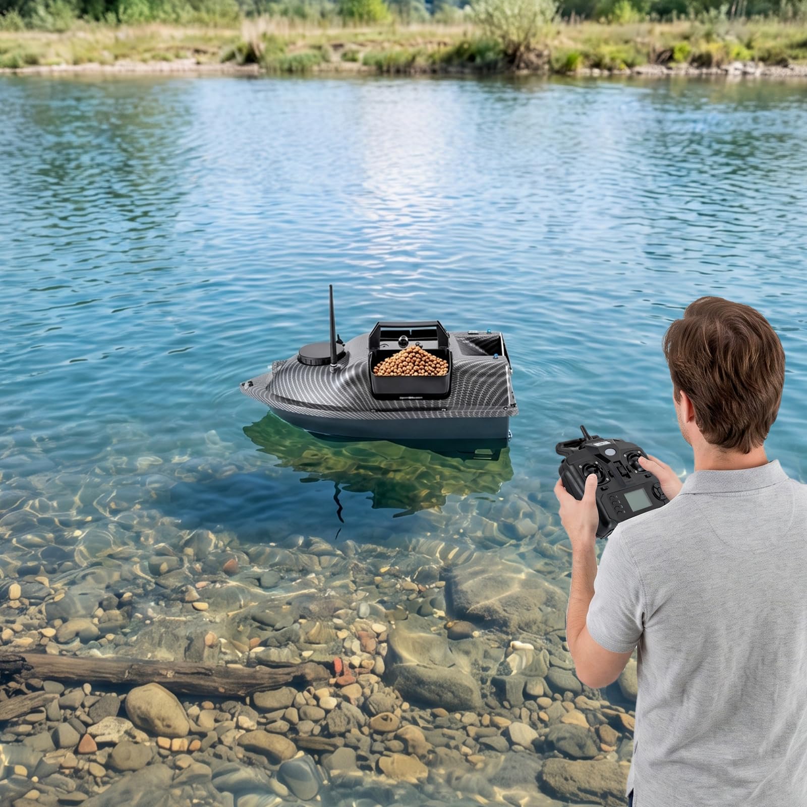 Barco de cebo GPS, 500 m, motor dual, 2 x 5200 mAh, LED | ABS, arenado, 2 x 390,52 W, 5,91 ft/s, 16 puntos, 4,4 libras, 90 min, autocorrección, sin conexión, retorno, luz nocturna