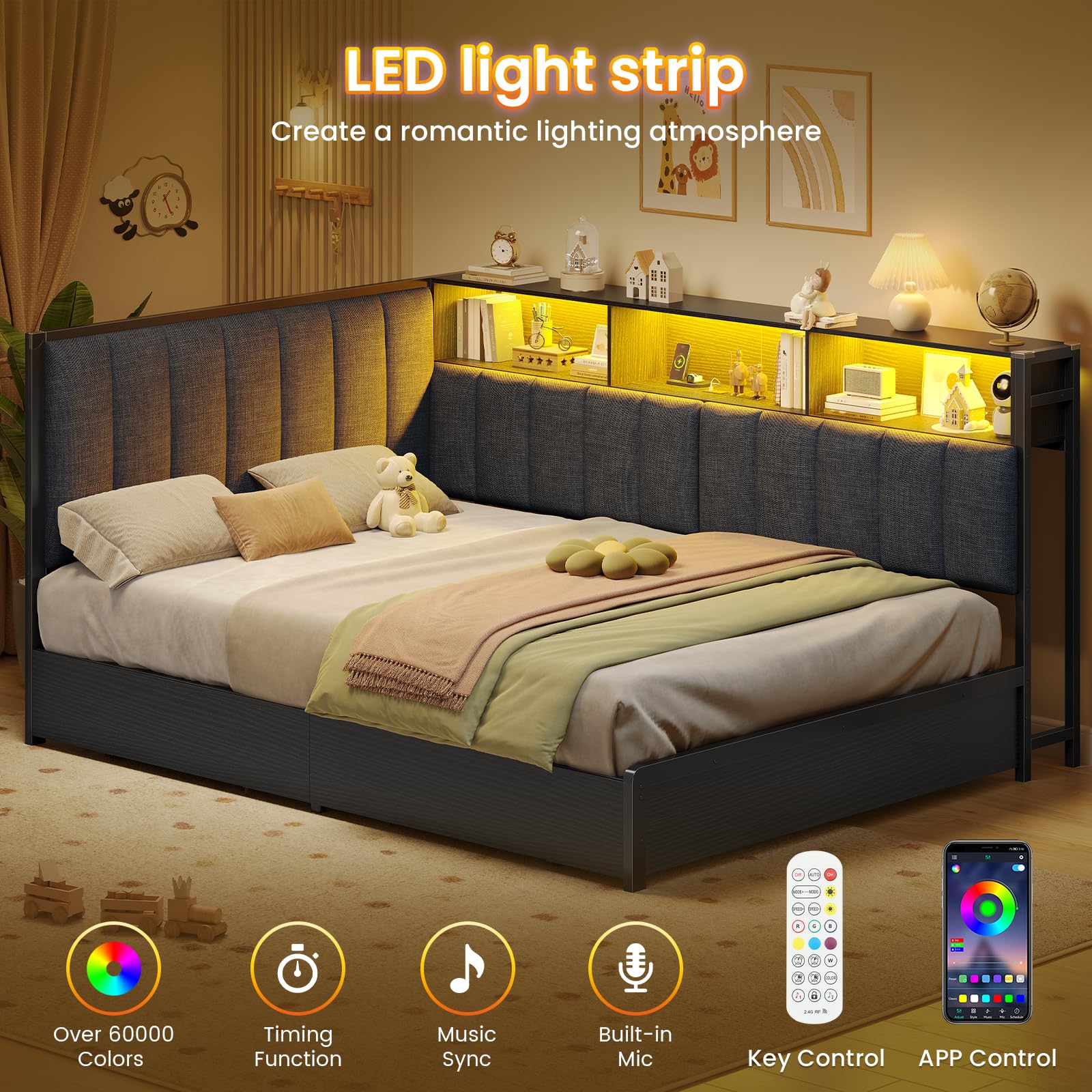 KIMENICH Cama tapizada sofá Cama 140 x 190 cm con iluminación LED, estación de Carga, cabecero Alto Acolchado, Cama de día Juvenil con 2 cajones y somier de láminas de Metal, estantes Abiertos, Gris