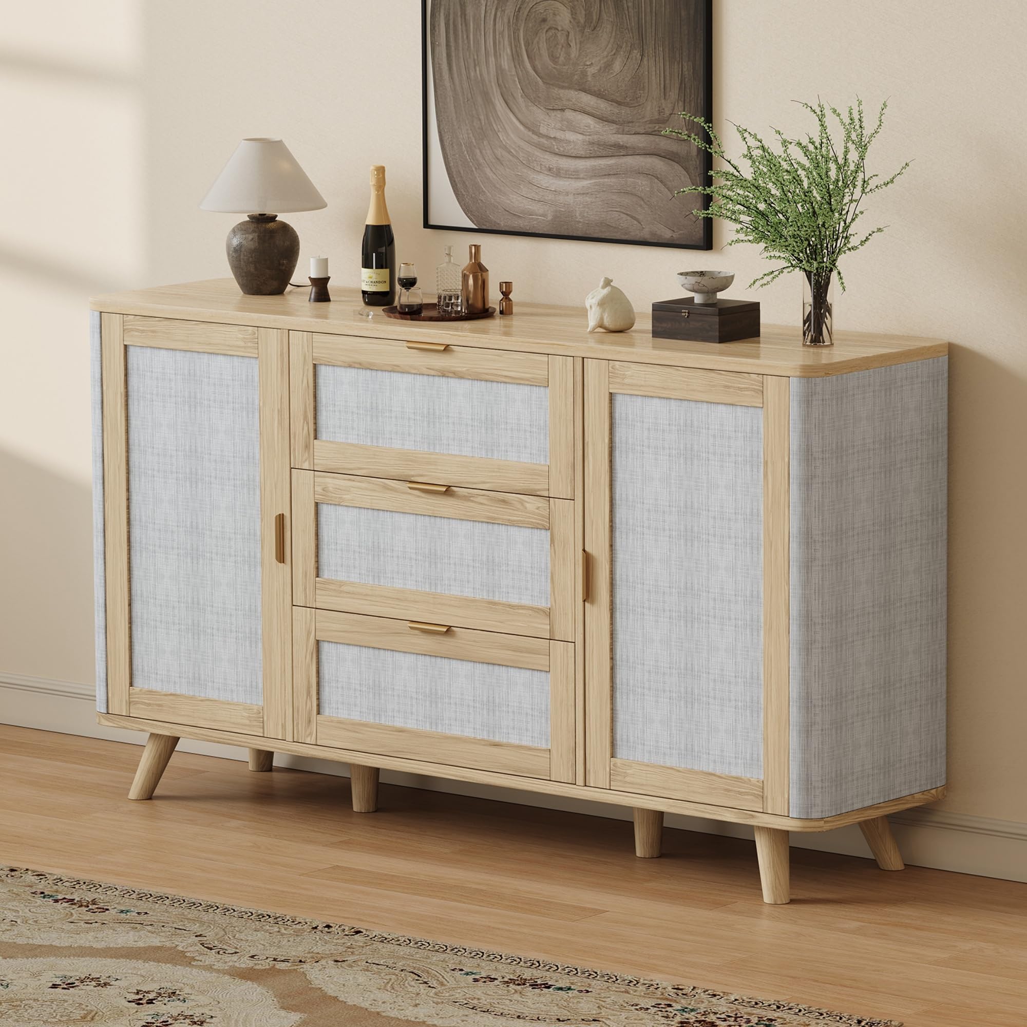 FAVSH 63" Large Farmhouse Sideboard Buffet Cabinet | 2 Doors & 3 Drawers, Wooden Storage Credenza with Textured Panel Doors for Dining Room, Entryway & Kitchen
