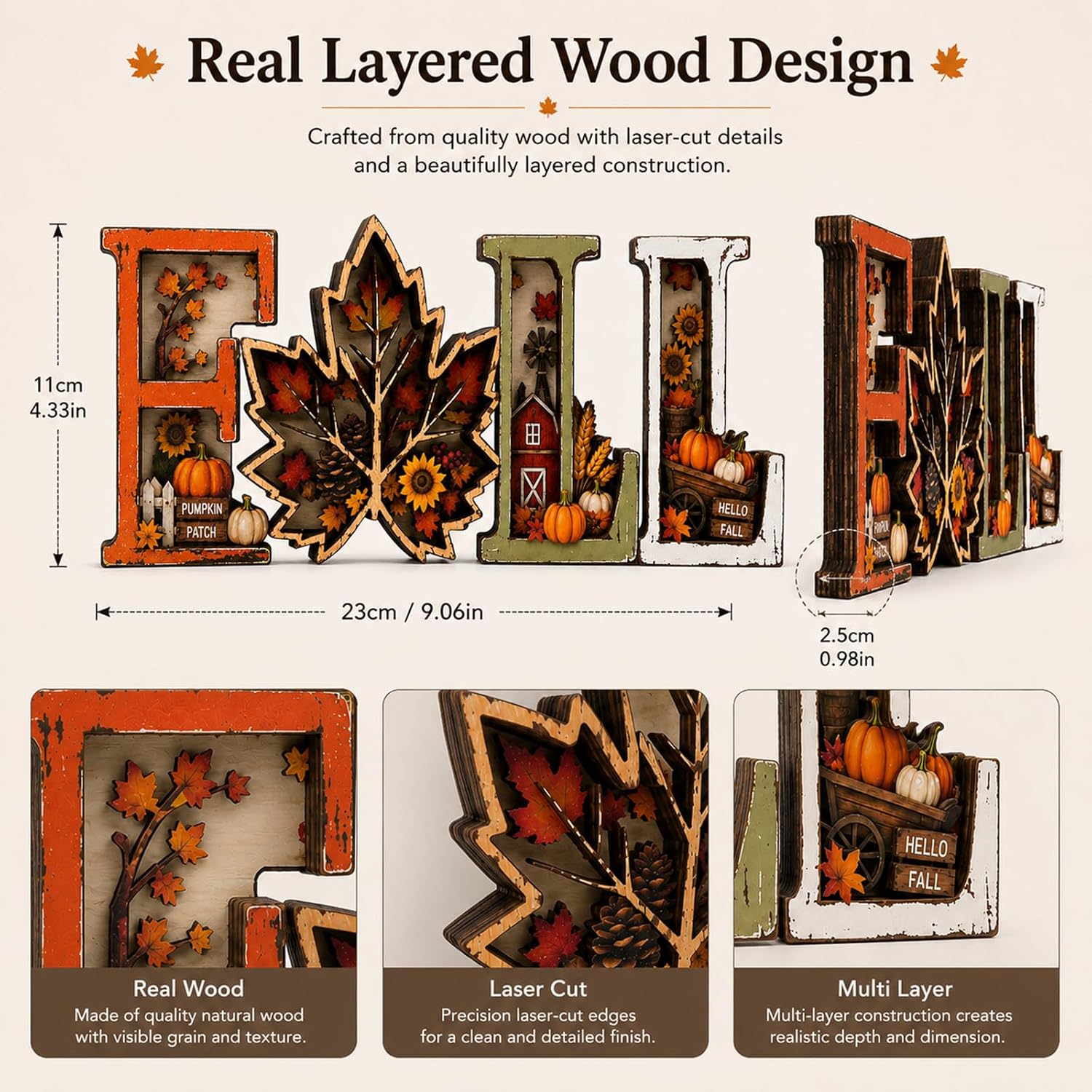 Fall Decorations for Home 2026, 3D Wooden Fall Decor with Harvest Autumn Sign Leaf Pumpkin Scene, Rustic Thanksgiving Tabletop Decor, Vintage Farmhouse Shelf Mantel (Fall Decorations)