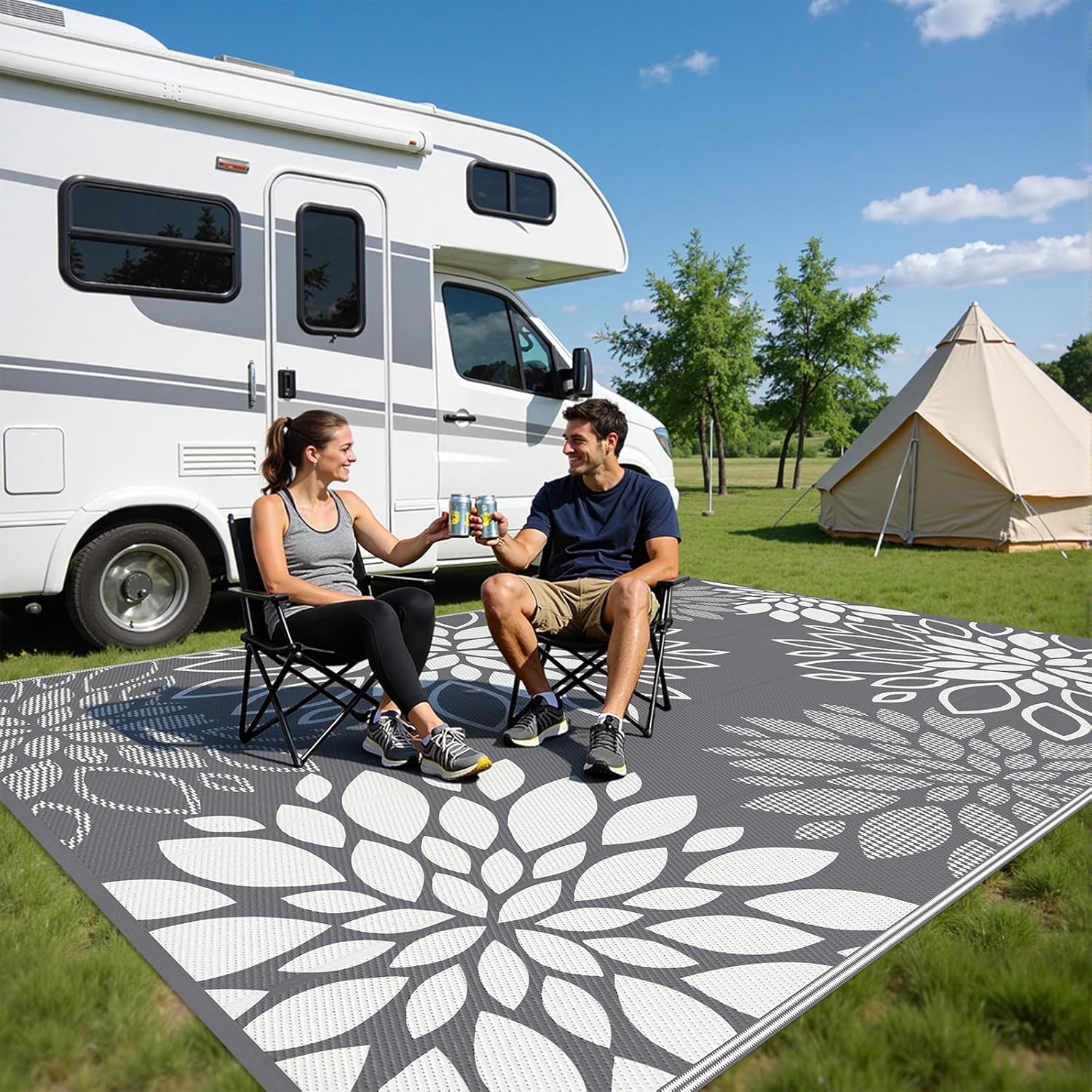 HEBE Waterproof Outdoor Rug 8x10 for Patios, Floral Reversible Plastic Straw Rug Patio Mat, Indoor Outdoor Carpet RV Mat Camping Rug for Deck, Camper, Porch, Balcony, Backyard, Picnic