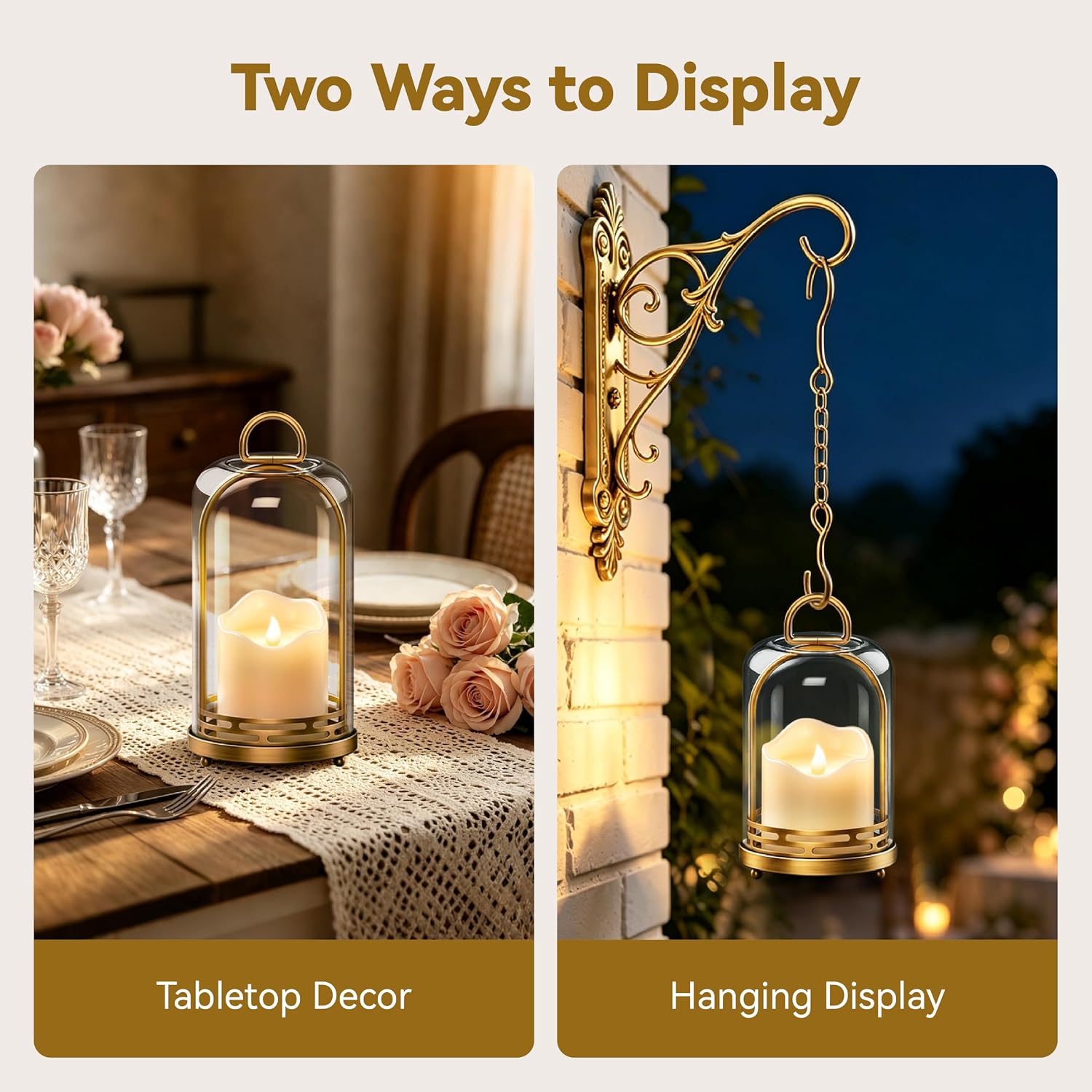 Candle Holder with Flameless Candles & Glass Dome, Set of 3