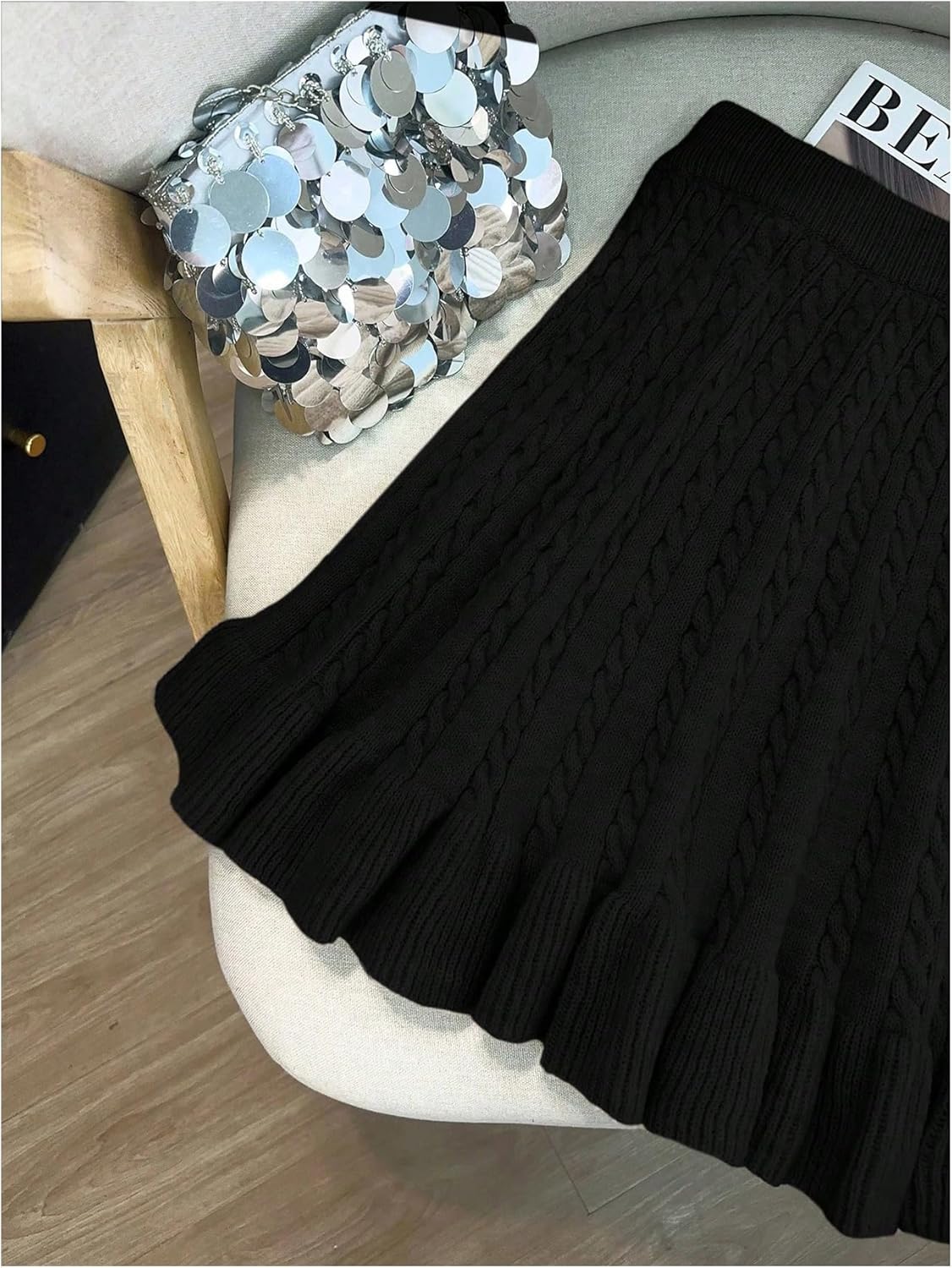 Verdusa Women's Cable Knit Ruffle Skirt A Line Short Sweater Skirts Elegant Outfits