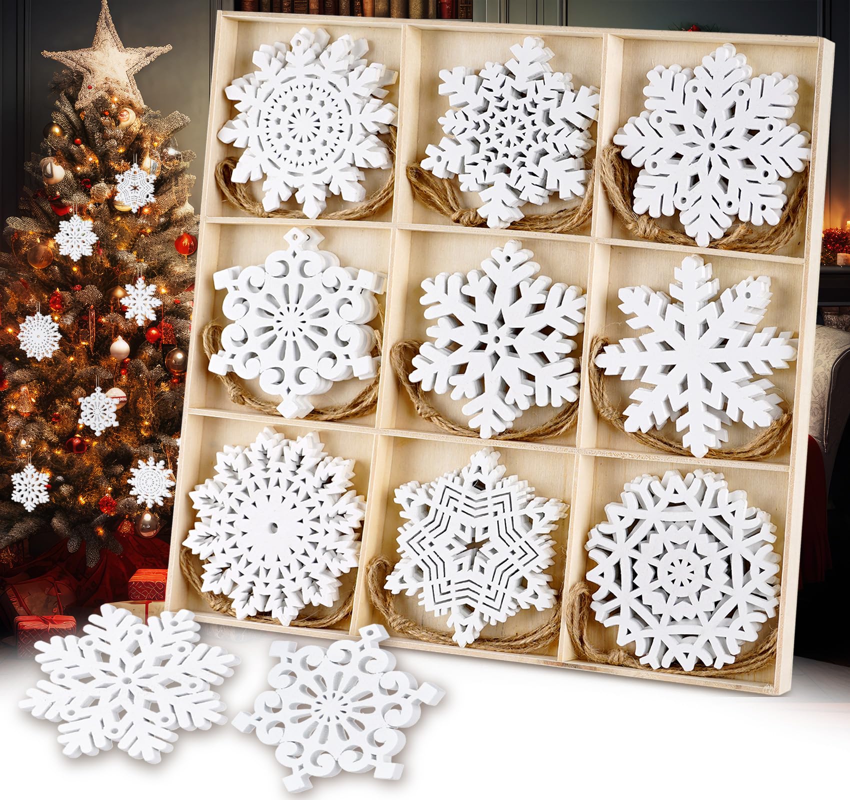 HOUÍSM 27pcs White Wooden Snowflakes Ornaments, Unfinished Wood Cutouts Snowflakes Shaped Embellishments 4inch, Christmas Tree Hanging Ornaments for Kid's DIY Crafts and Winter Decor
