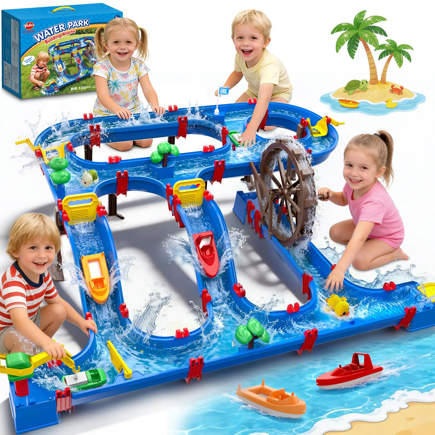 Photo 1 of ***USED***VATOS Double-Tier Watermill Summer Toy, 120 PCS DIY Water Table Toys for Kids, Girls, Boys 4-6 Years, Outdoor Water Toys Backyard, Beach, Balcony, Garden Fun Water Playset for Kids Pets