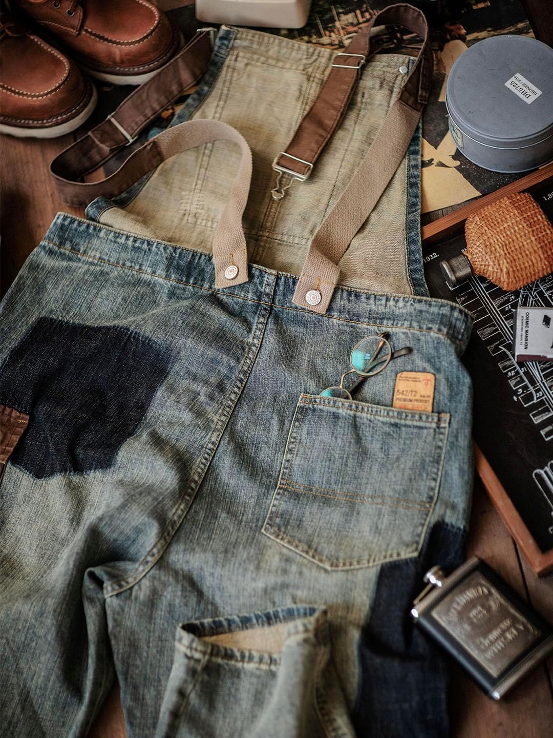 MADEPANTS Men's Contrast Patchwork Overalls Distressed Denim Dungarees