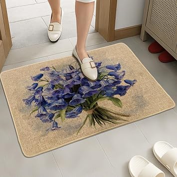 Spring Bluebell Flower Front Black Door Mat Outside Inside Entrance 29 * 17, Watercolor Florals Plant Outdoor Ultra Thin Doormat, Small Botanical Print Shoes Off Door Rug for Patio