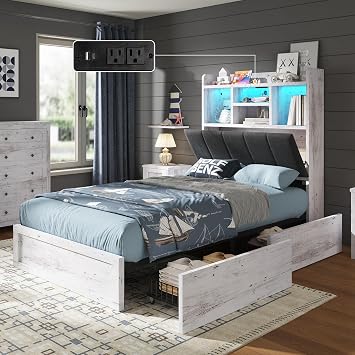 AMERLIFE Twin White Storage Bed, 51.2 Tall Bookcase Headboard & Drawer