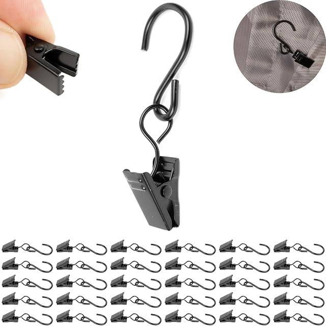 Szczypce do zasłon z haczykami S, zestaw 30 sztuk, całkowity rozmiar 6 x 2 cm, ze stali nierdzewnej, klips do zasłon, uniwersalny klips do zasłon z hakiem przesuwnym, czarne pierścienie zaciskowe