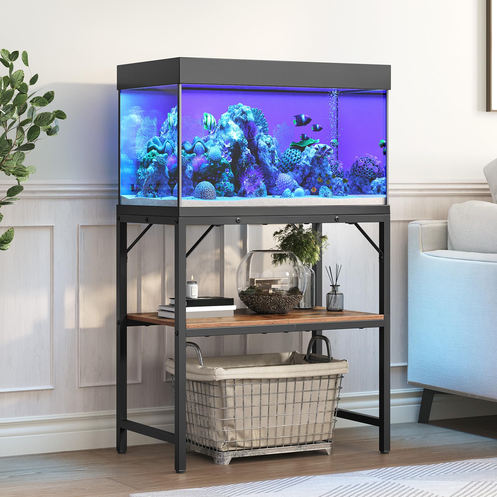 MAHANCRIS Support d'aquarium, Meuble d'aquarium 20 L, Étagère d'aquarium, Table d'aquarium à 2 étages, Support de réservoir de poisson avec étagère, Capacité de charge 204 kg, 61 x 30 x 62 cm, Marron