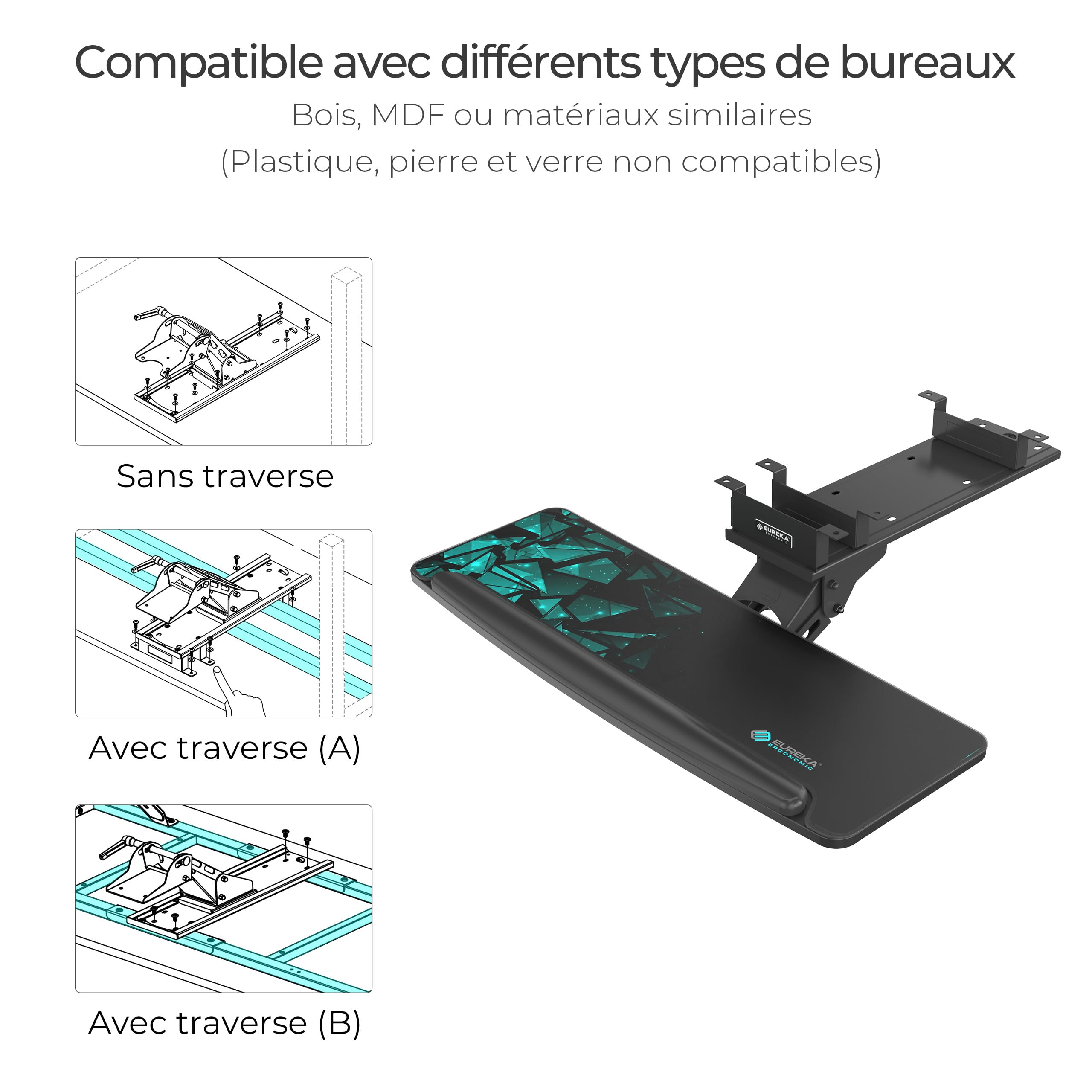 EUREKA ERGONOMIC Plateau de Souris et Clavier réglable en Hauteur sous Le Bureau, Grand tiroir Noir Coulissant pivotant pour Clavier d'ordinateur avec Tapis de Souris pour Jeu, Bureau à Domicile