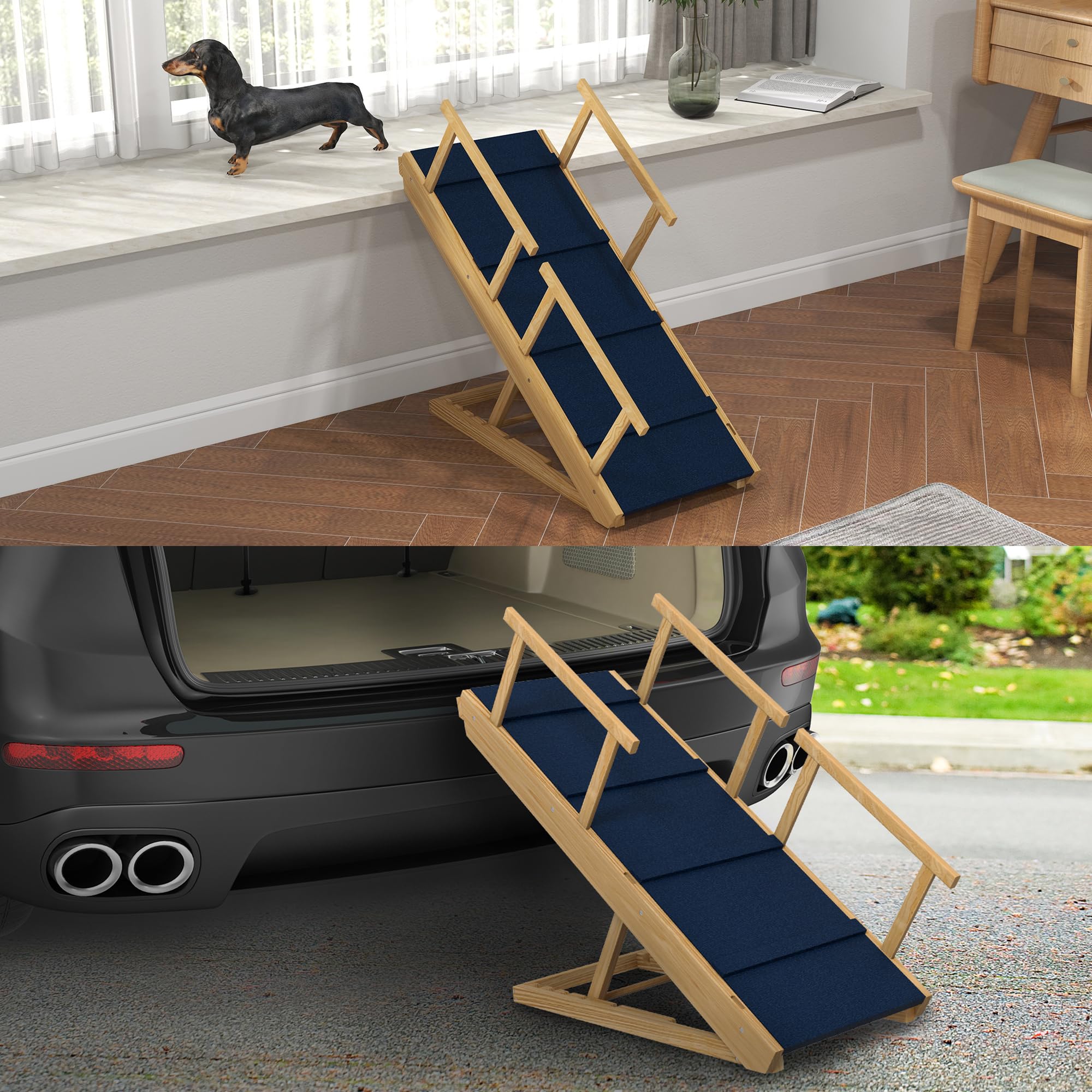 Rampa per cani PawHut Rampa pieghevole per animali domestici con ringhiera rimovibile, ausilio antiscivolo per la pensione dei cani fino a 40 kg, 85 x 40 x 78,5 cm, natura