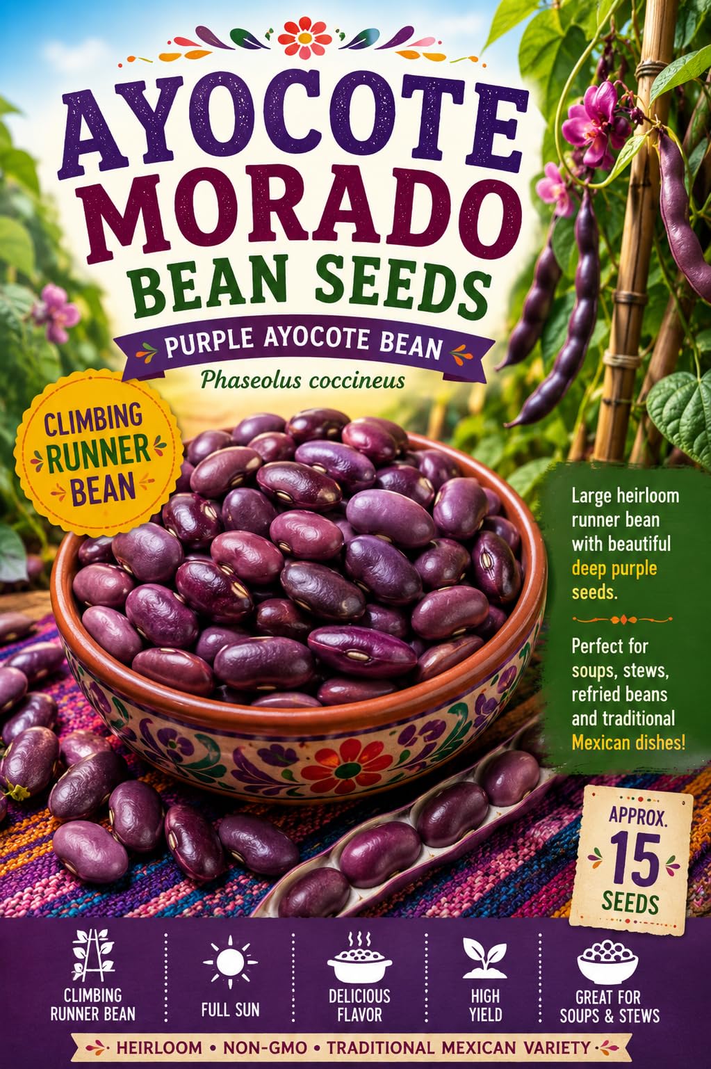 Ayocote Morado Bean Seeds – Purple Runner Bean Variety for Growing | Heirloom Mexican Bean Seeds | Productive Climbing Plants