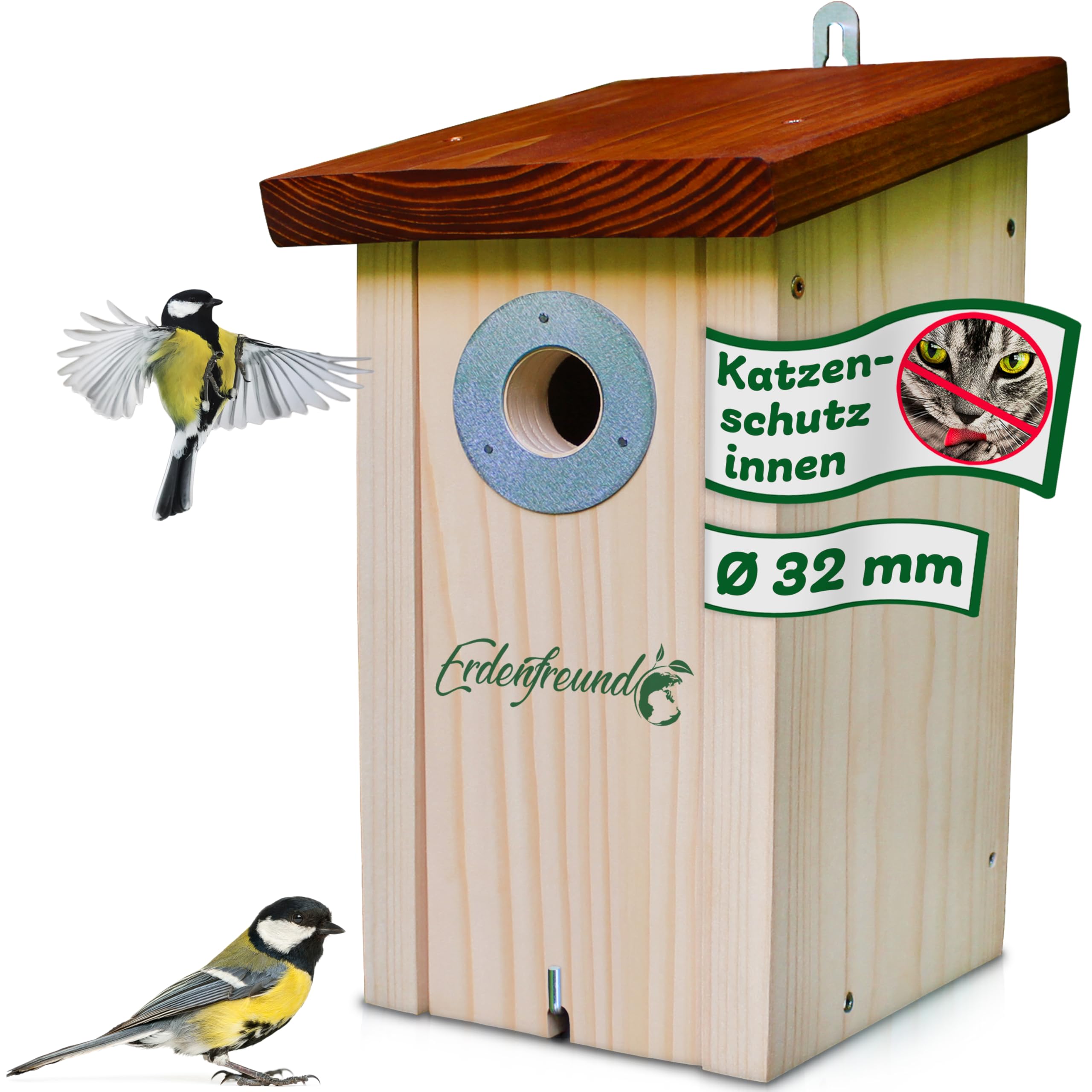 ERDENFREUND® Meisen Nistkasten 32mm Katzen-/Marderschutz innen Nistkasten für Vögel mit pickfestem Spechtschutz aus rostfreiem Metall