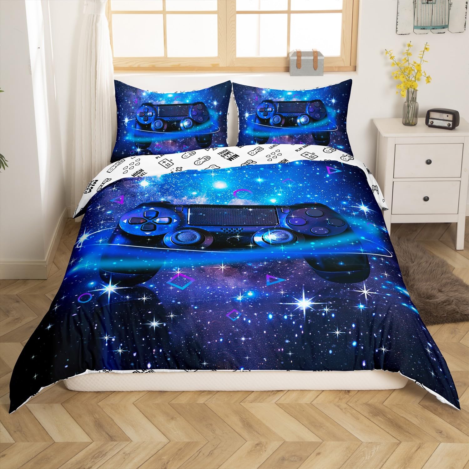 Loussiesd Games Duvet Cover Double Galaxy Decoration Player Bedding Purple Galaxy Blue Starsky Universe Bedding Set Boys and Teenagers Bedding Set Game Theme Game Board Printing