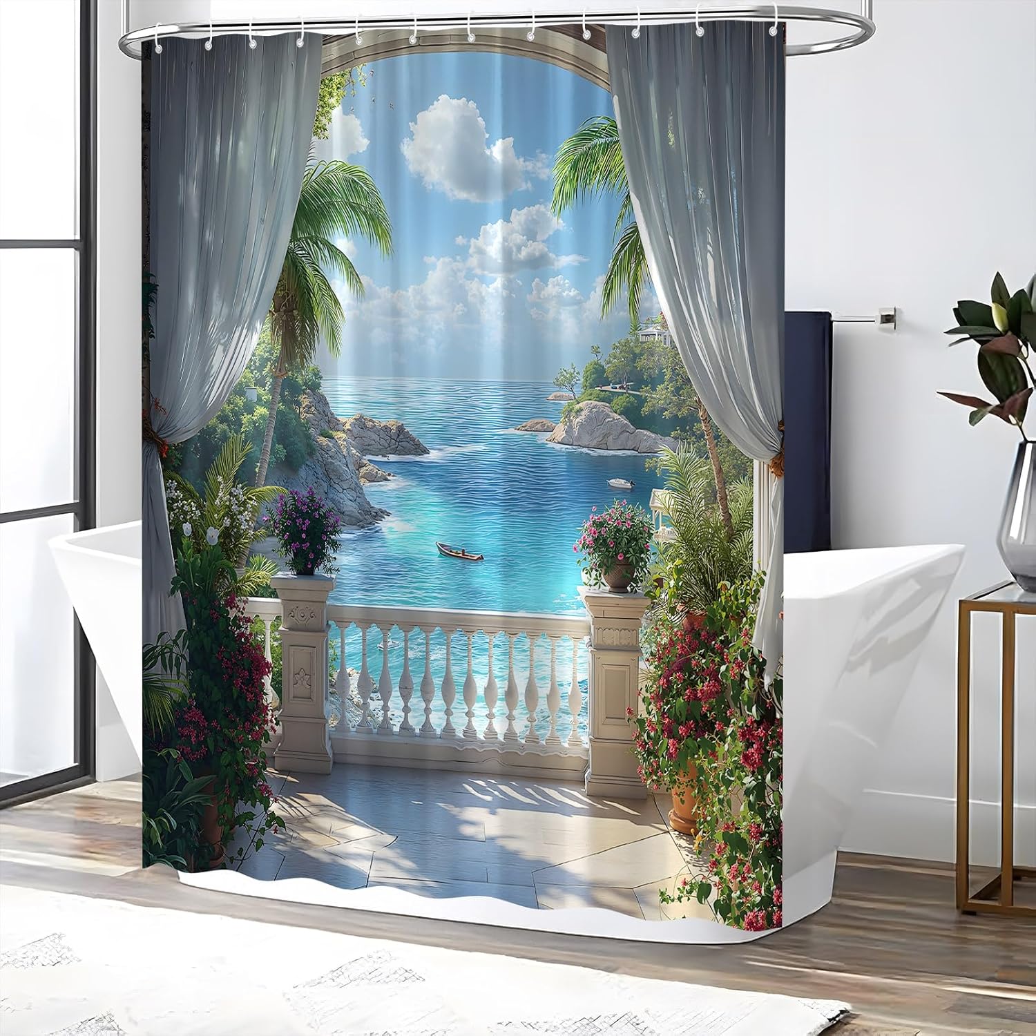 Coastal Beach Shower Curtain Mediterranean Seascape Tropical Palm Trees Flower Hawaii Blue Ocean Coast Natural Landscape Bathroom Decor Set with Hooks