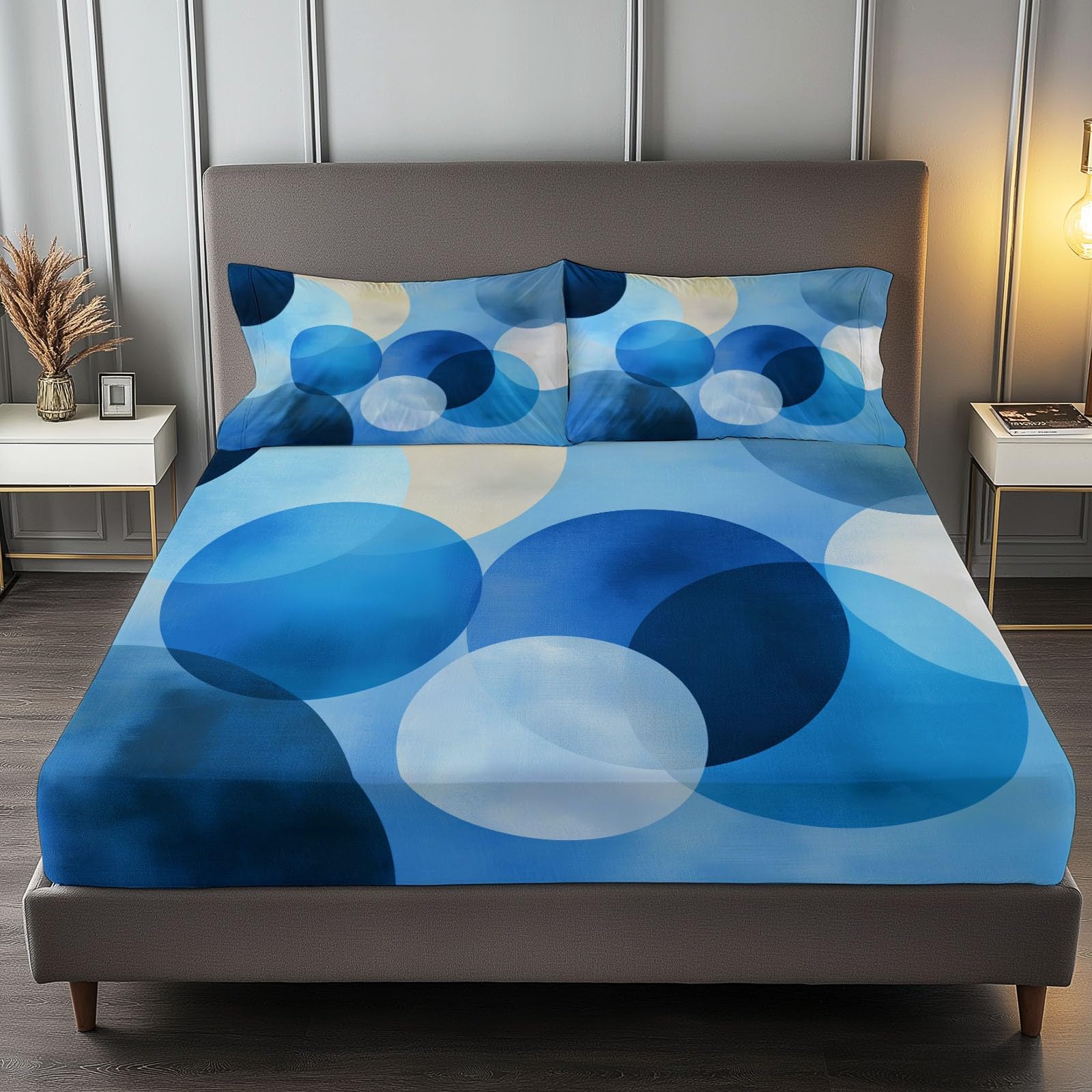Niebieskie prześcieradło z gumką 90 x 190 cm Minimalistyczne okrągłe geometryczne wzory, miękkie i można prać w pralce elastyczne prześcieradło pod narożnikami do wysokości materaca do 30 cm