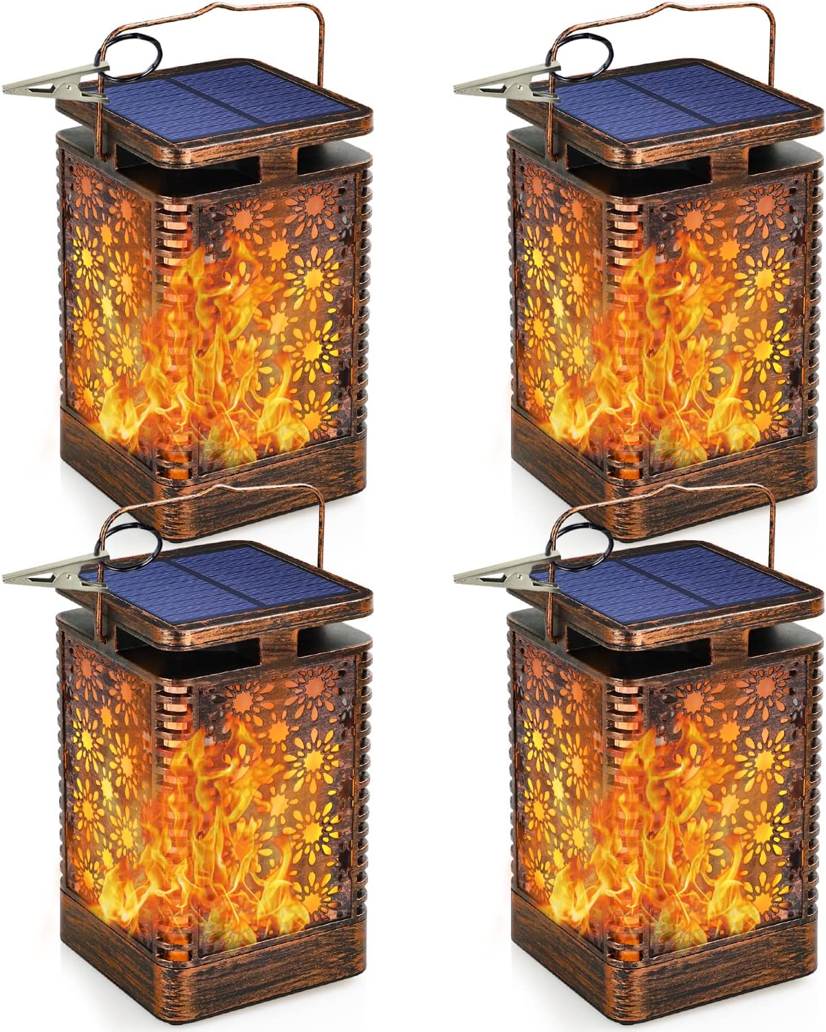 Solar Lanterns Outdoor Waterproof, Flickering Flame Outdoor Hanging Solar Lanterns Retro Solar Lights with Handle, Decorative Outdoor Lighting Solar Powered Umbrella Lights for Patio Garden 4 Pack