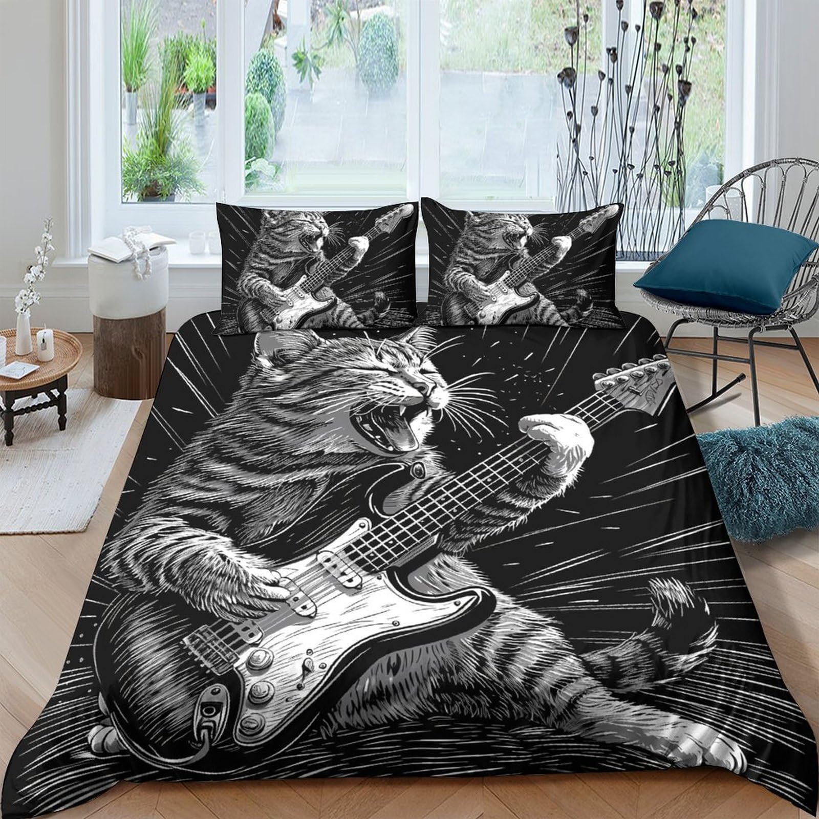 Ctjqhvkz Style-6 3D Printed Cat Playing Guitar Fitted Sheet Microfiber Soft Breathable Rock Band Mattress Cover For Bedroom Dorm Mattress Protection Decor Single（135X200cm）