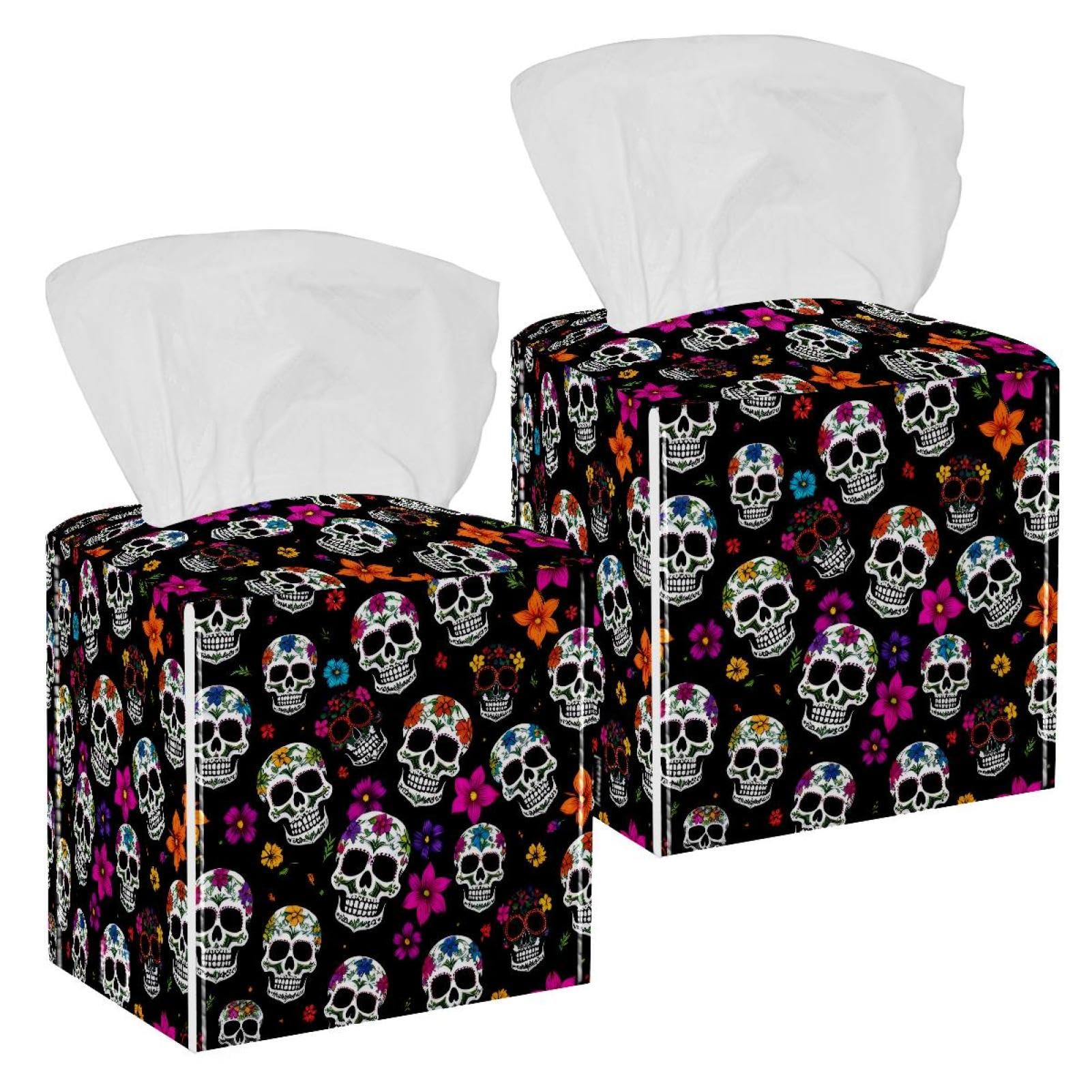 Skull Floral Tissue Box Cover, 2 Pack PU Leather Square Facial Tissue Dispenser Box holder for Home Office Car