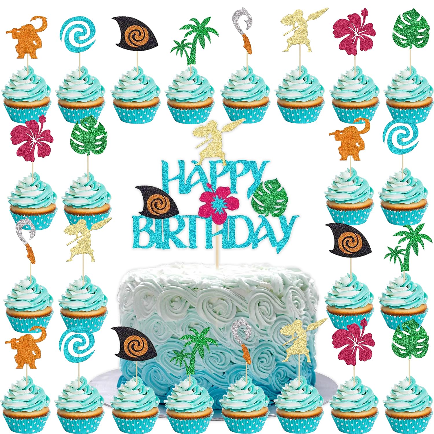 25Pcs Ocean Cake Decorations, Hawaiian Birthday Cakes, Kids Birthday Party Supplies, Boys and Girls Party Decorations, Cartoon Theme, Baby Shower, Palm Leaf Cupcakes