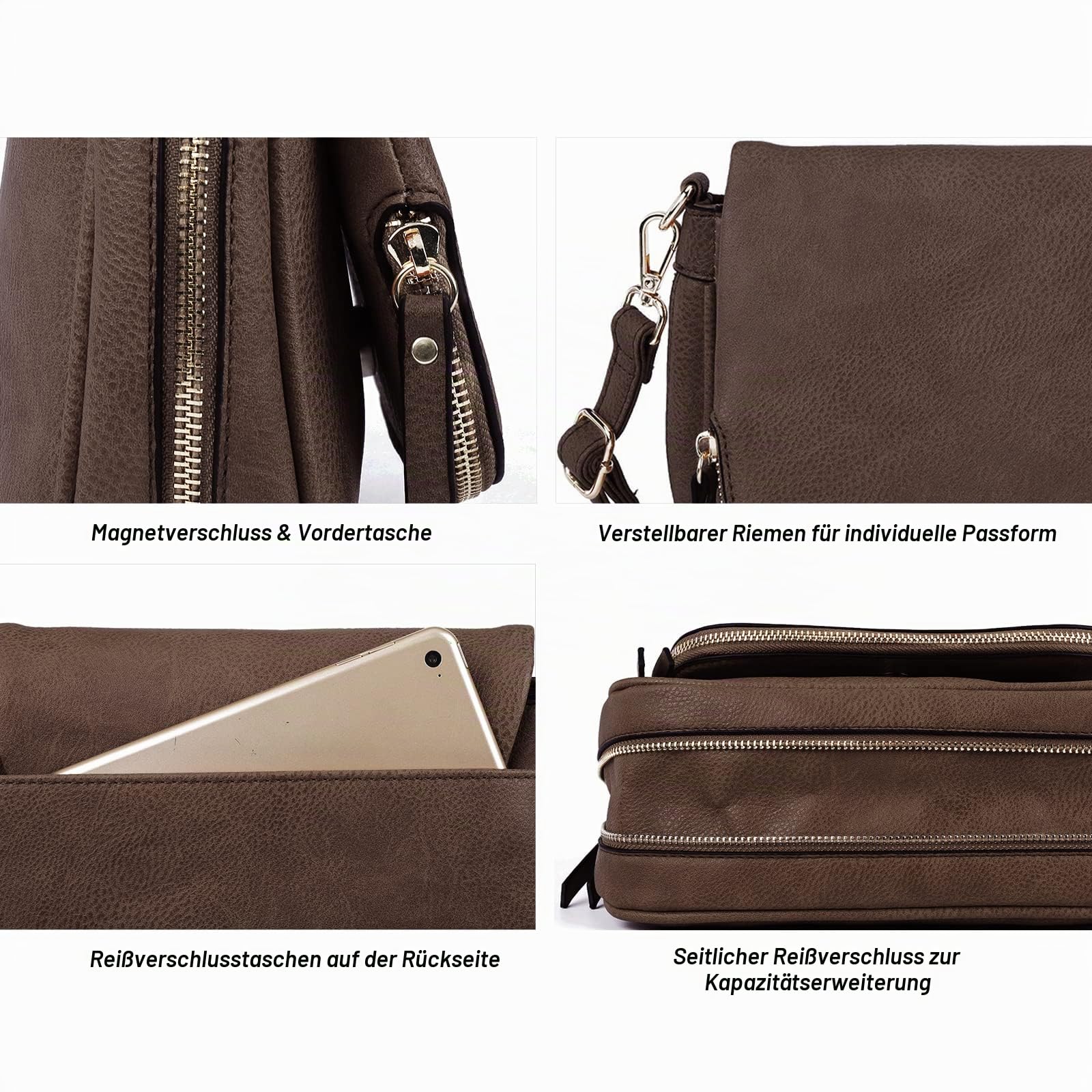 Umhängetaschen für Damen, kleine Umhängetasche aus PU-Leder, mit Überschlag und mehreren Taschen, Kaffee, Small