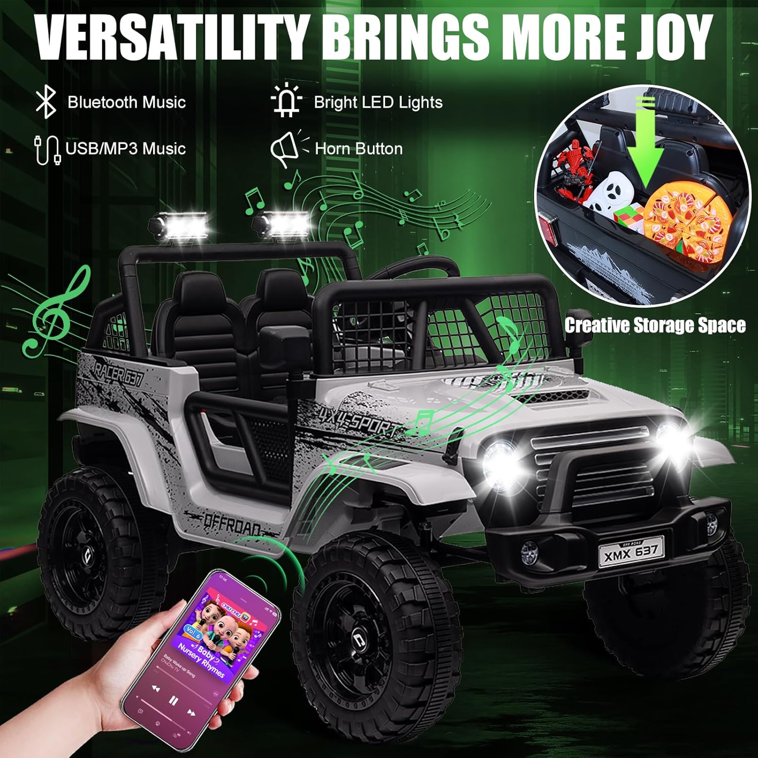 Jeep with Bluetooth Music, LED Lights, Horn, and Storage