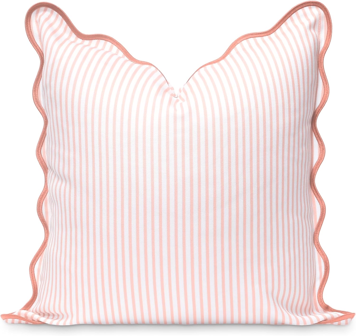 Hofdeco Premium Coastal Patio Indoor Outdoor Scalloped Throw Pillow Cover Only, 20"x20" Water Repellent for Backyard, Couch, Blush Pink Print Stripes