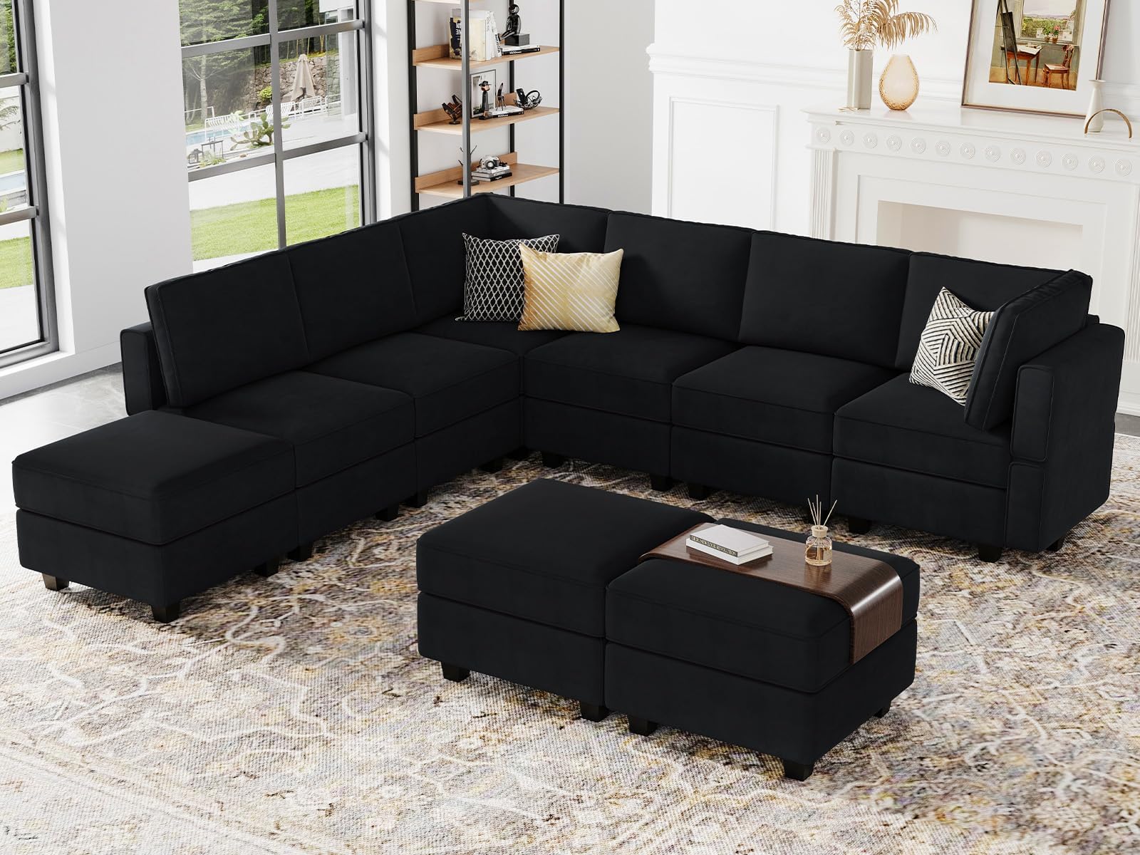 Belffin L Shape-2 Sectional Sofa, Velvet, 7 Seater, Black, Wood Material, Storage, Modern Style, Boxed Edge, Indoor, Sofa