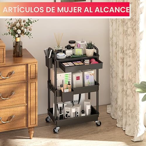Miniatura 5 de Goovilla Organizador de carrito utilitario de 3 niveles con cajón extraíble, carritos de almacenamiento rodantes negros estables y resistentes con 2