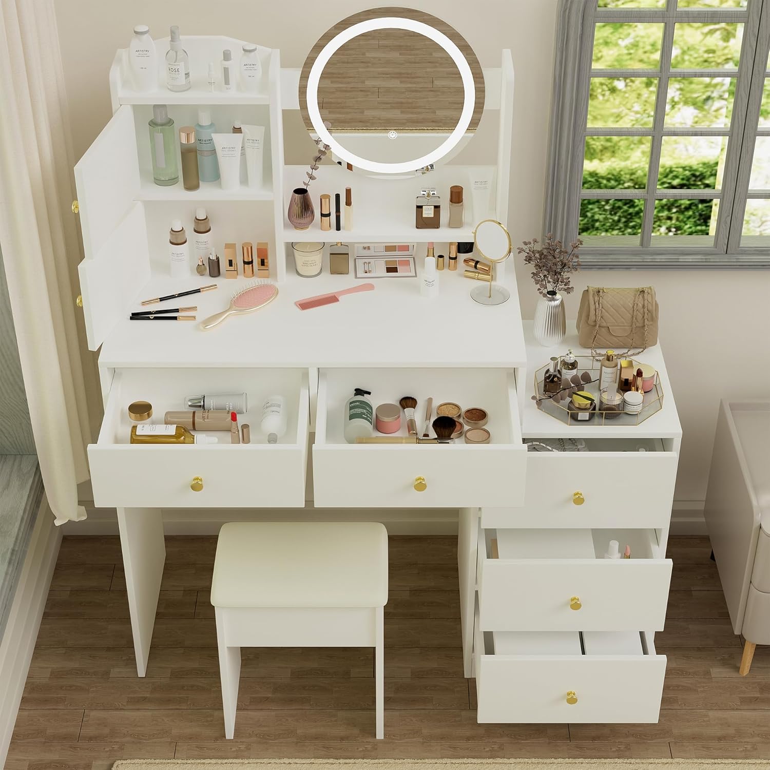 Vanity Desk with Mirror and Lights 3 Color Lighting Brightness Adjustable, Makeup Vanity Set with 5 Drawers,Two Small Storage Cabinets,Dressing Table Upholstered Stool for Bedroom,White