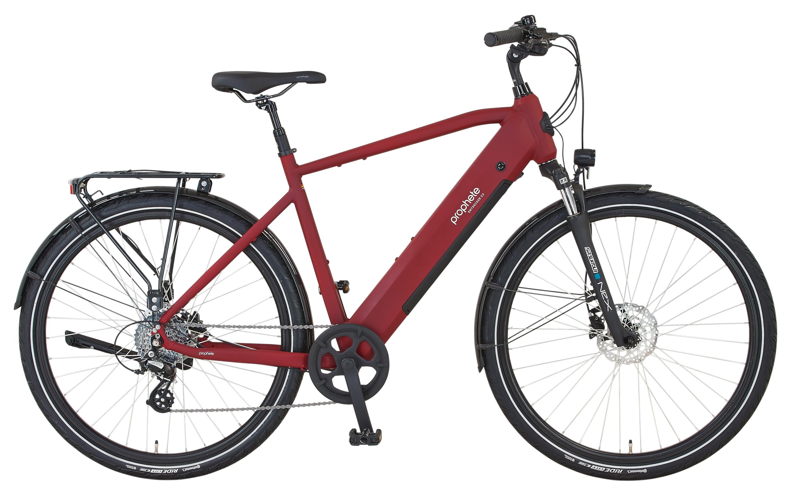 PROPHETE ENTDECKER 2.3 E-Bike, 28" Trapezrahmen 50 cm, Heckmotor 250 W/40 Nm, 8-Gang Kettenschaltung, LCD-Display, 360 Wh Akku, bis 100 km Reichweite, Bordeaux matt