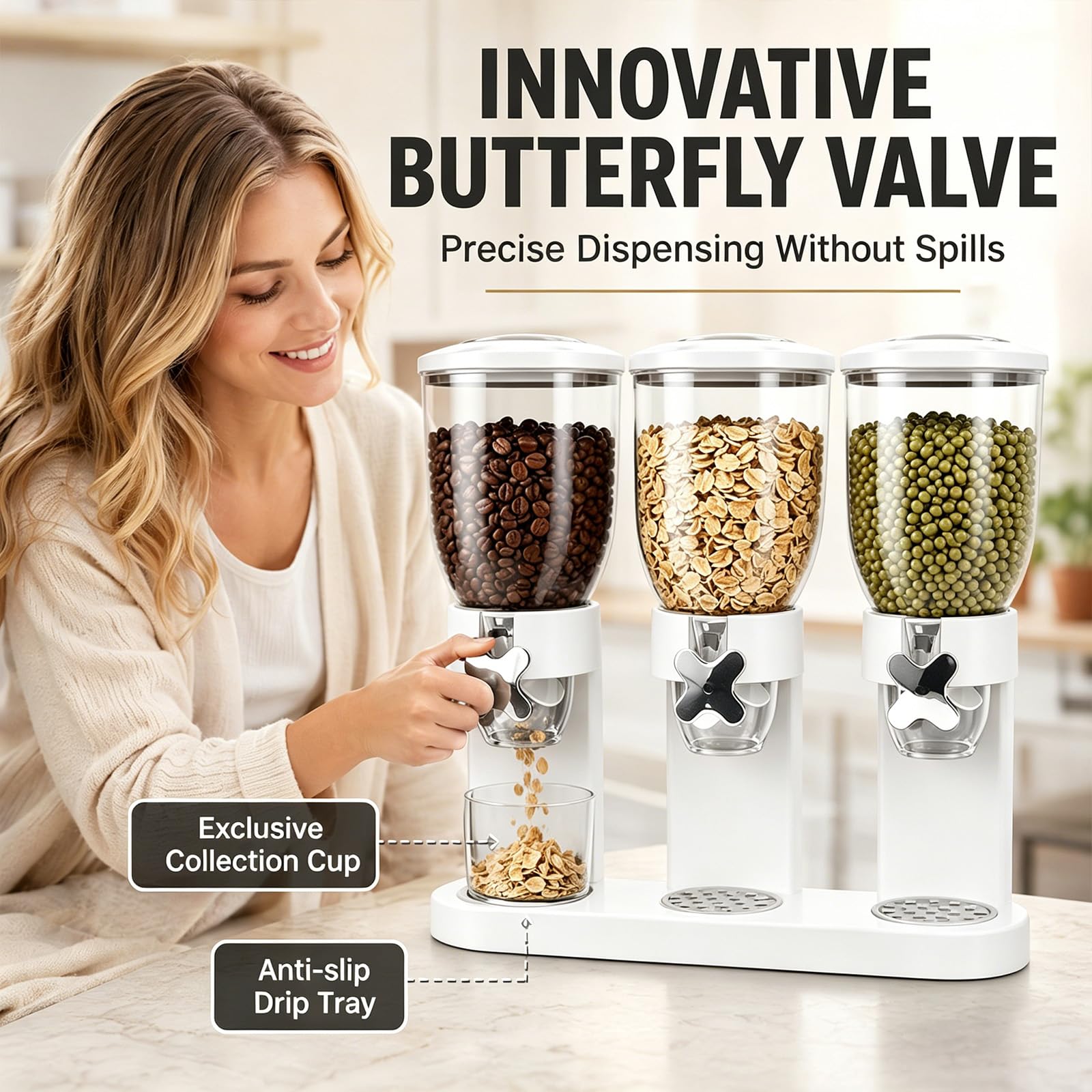 Cereal Dispenser Countertop, 2L Lebensmittelspender, Müslispender Luftdichte Behälter für Müsli, Reis, Körner, Süßigkeiten, Kaffebohnen, 29x35x16cm Cornflakes Spender&süßstoffspender (Weiß Triple)