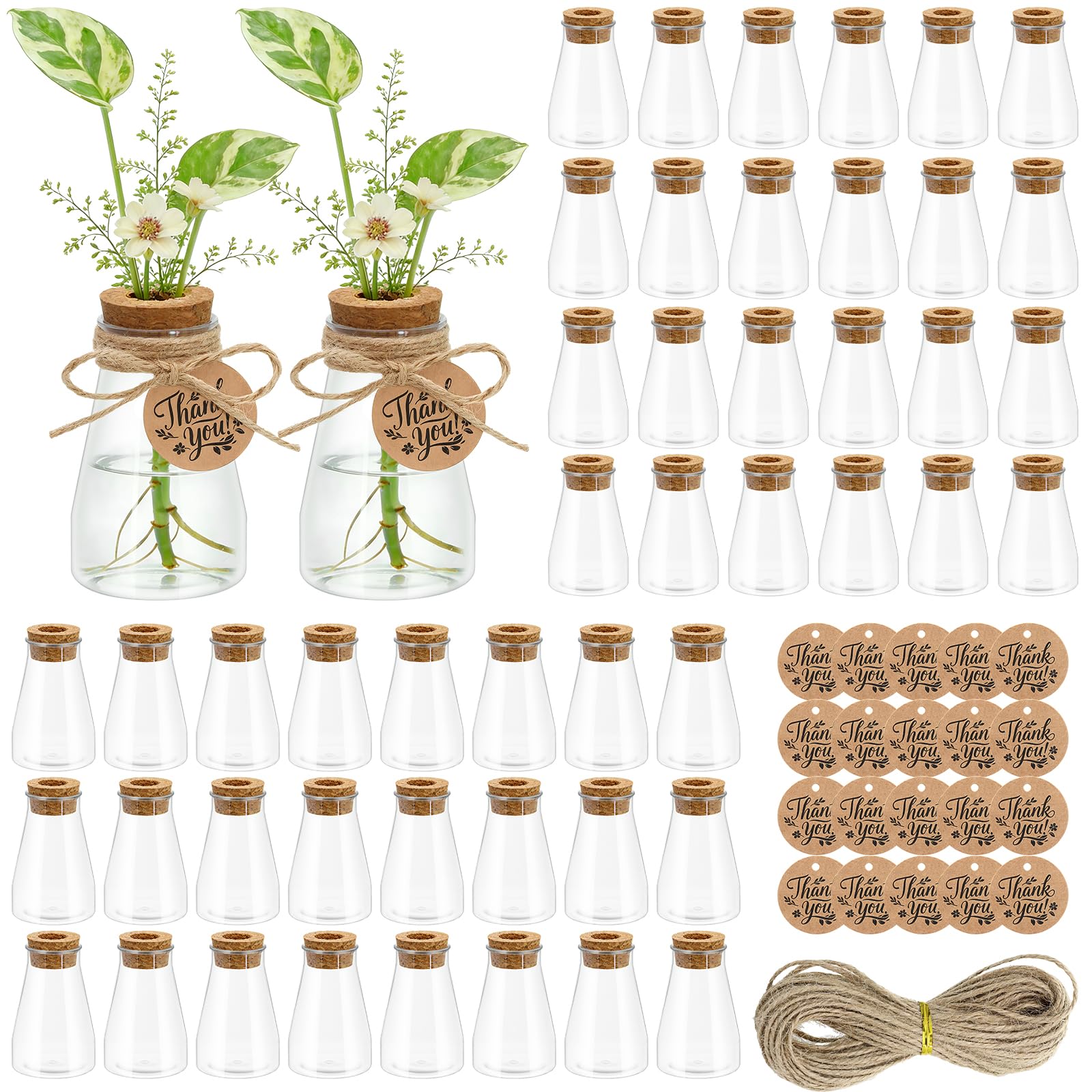 Pflanzen-Anzuchtstationen, 8,5 cm große Kunststoff-Anzuchtgläser, transparent, Hydrokultur, kleine Vase, hängende Pflanzgefäßröhre mit Korkdeckel, Anhängern, Hanfseil für Pflanzenliebhaber, Frauen