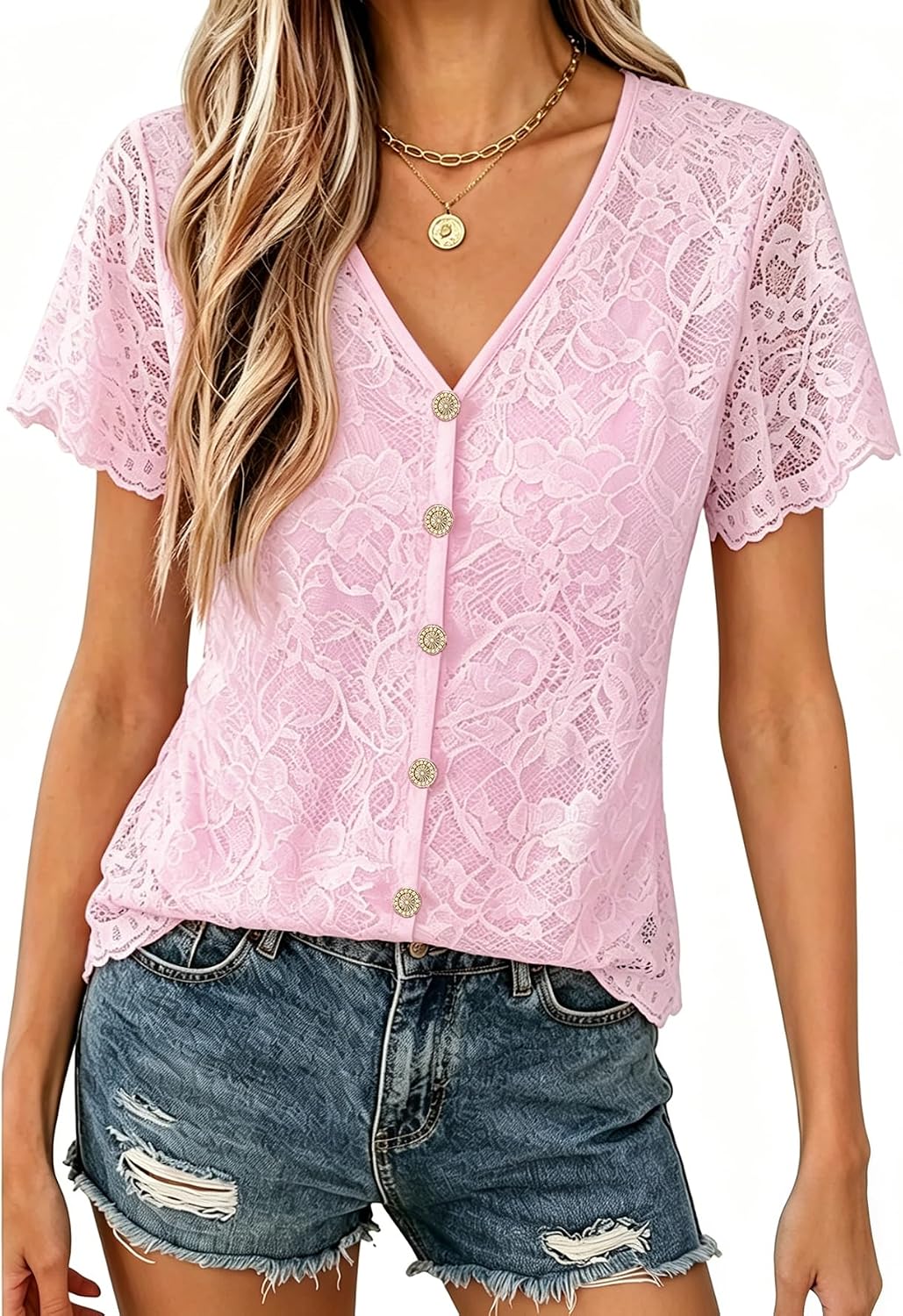 Womens Lace Blouse V Neck Short Sleeve Button Front Top