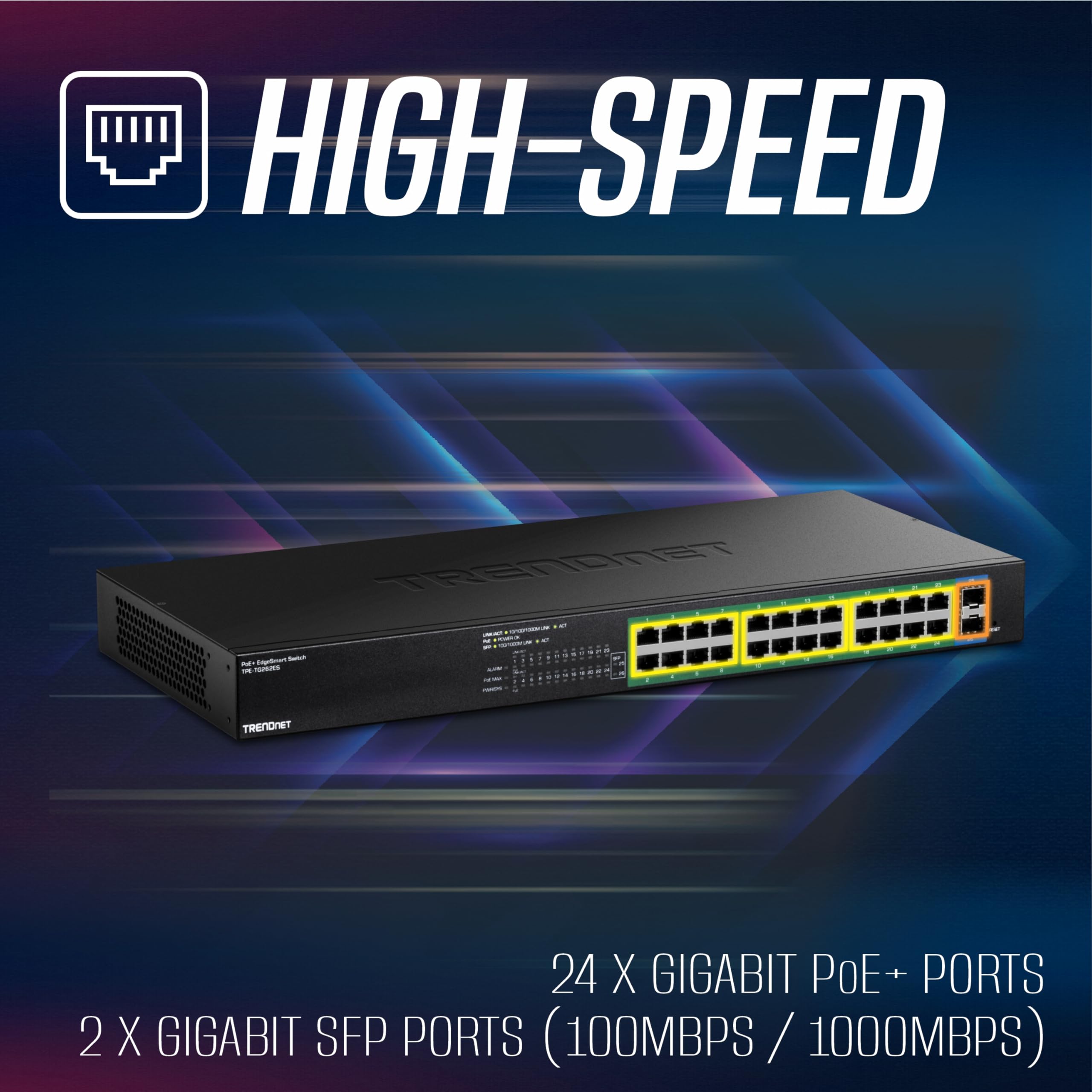 TRENDnet Gigabit EdgeSmart PoE+ Switch de 26 puertos, TPE TG262ES, 380W PoE de presupuesto de energía, 24 puertos Gigabit PoE+, 2 puertos Gigabit SFP, conmutador Ethernet de red gestionado, protección
