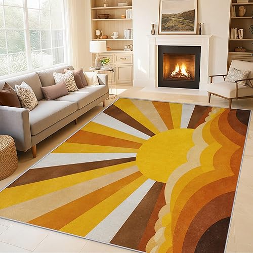 Washable Boho Sun Throw Rugs for Entryway 2x3, Retro 70s Door Mat Indoor Entrance for Bedroom, Groovy Abstract Home Decor, Low Pile Soft Non Slip